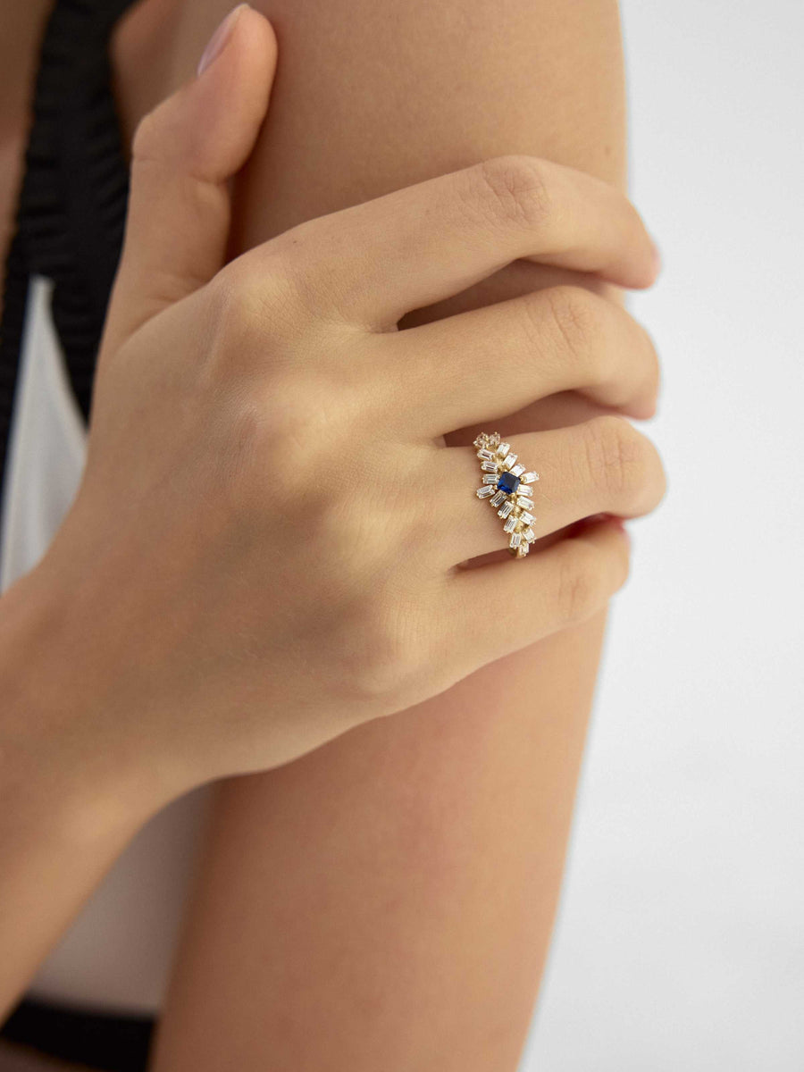 Baget ve Prenses Kesim Safir Rengi Taşlı Art Deco 14K Altın Yüzük