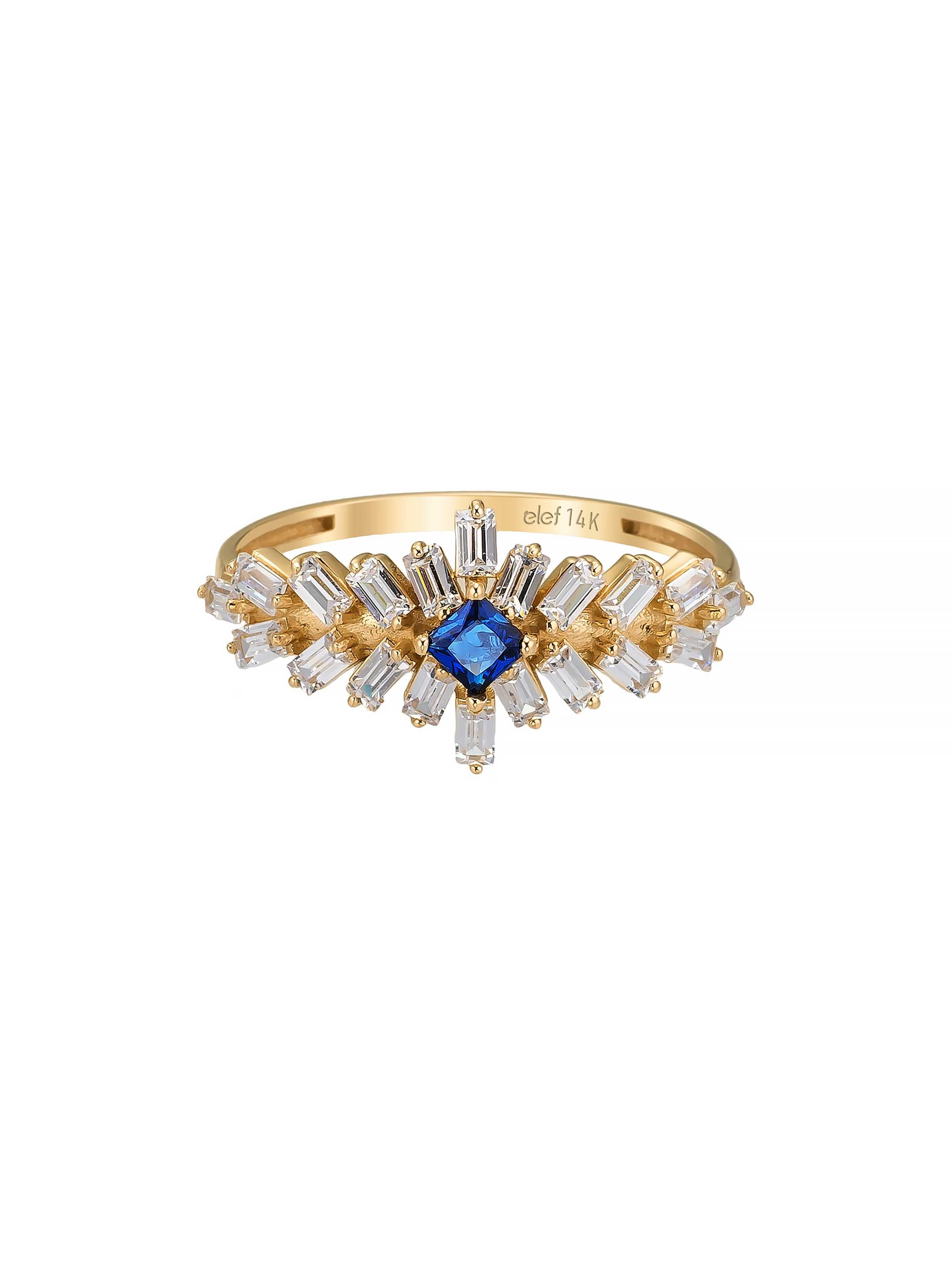 Baget ve Prenses Kesim Safir Rengi Taşlı Art Deco 14K Altın Yüzük - Elef Kuyumculuk