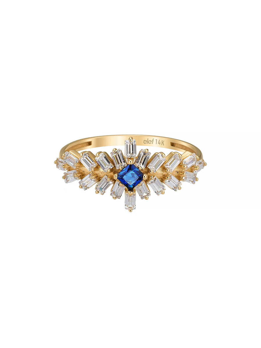 Baget ve Prenses Kesim Safir Rengi Taşlı Art Deco 14K Altın Yüzük