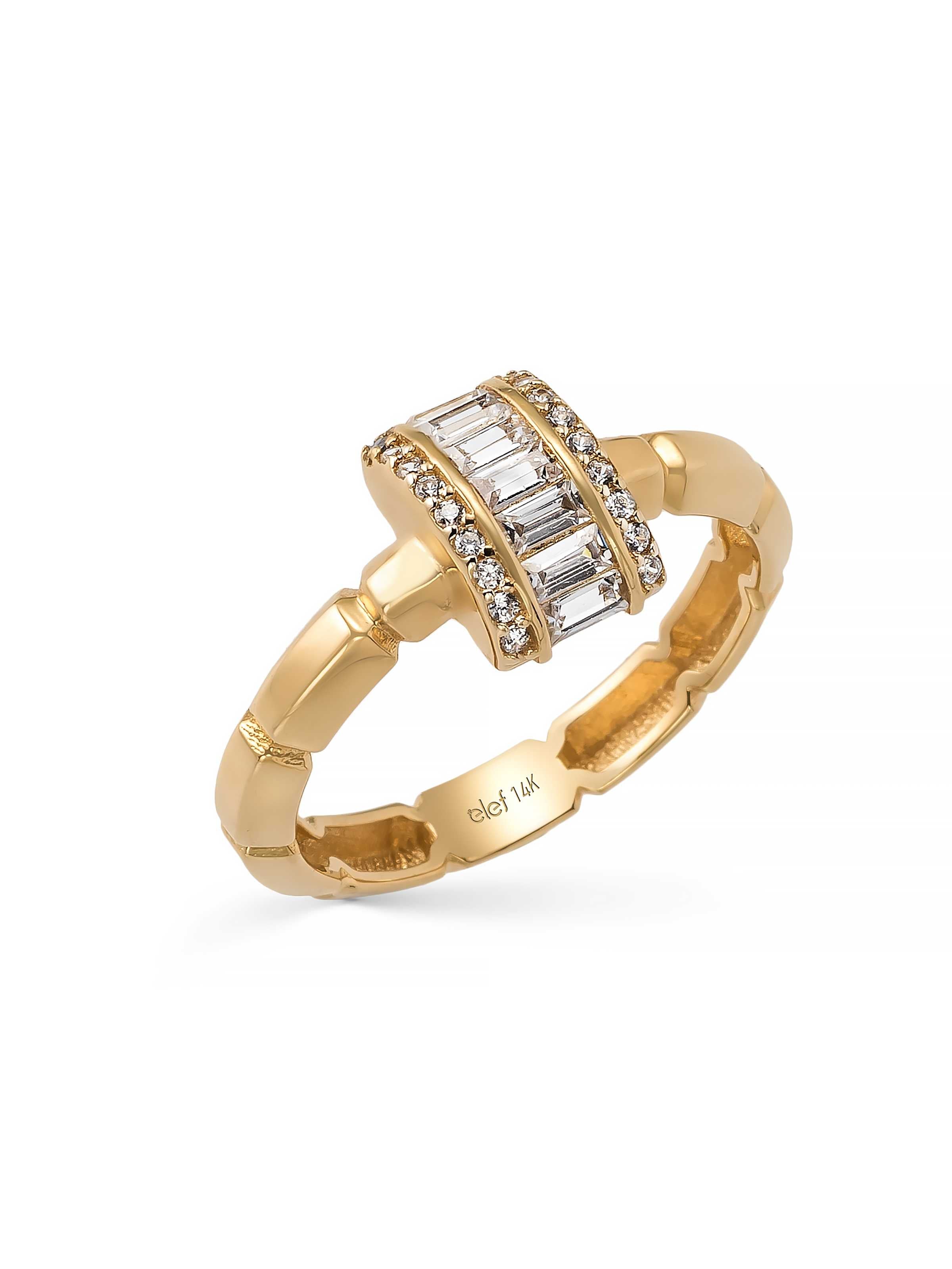 Baget ve Yuvarlak Taşlı Modern 14K Altın Yüzük - Elef Kuyumculuk