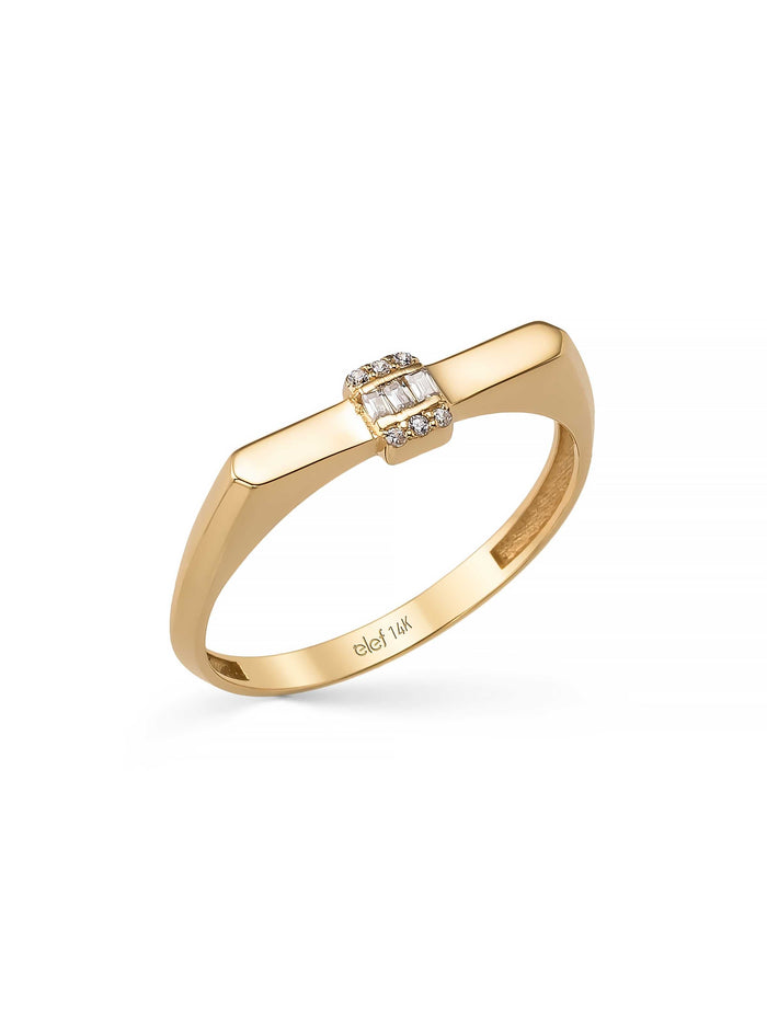 Baget ve Yuvarlak Taşlı Modern 14K Altın Yüzük