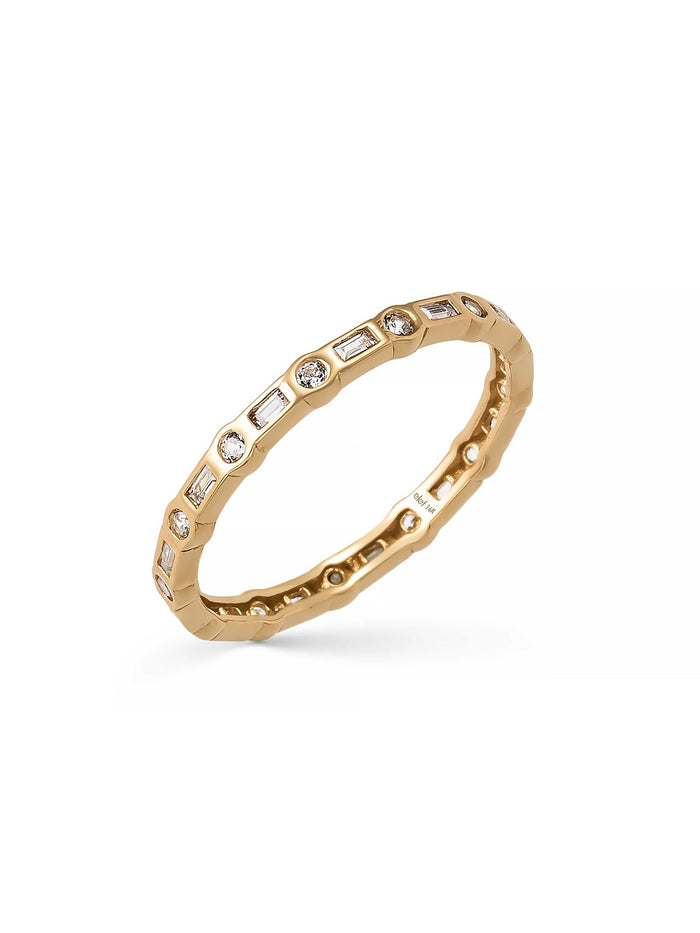 Baget ve Yuvarlak Taşlı Modern 14K Altın Yüzük