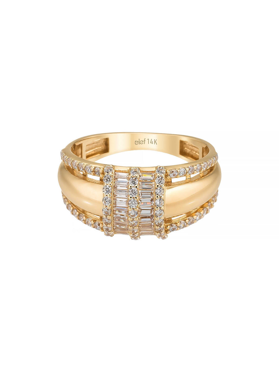 Baget ve Yuvarlak Taşlı Modern 14K Altın Yüzük