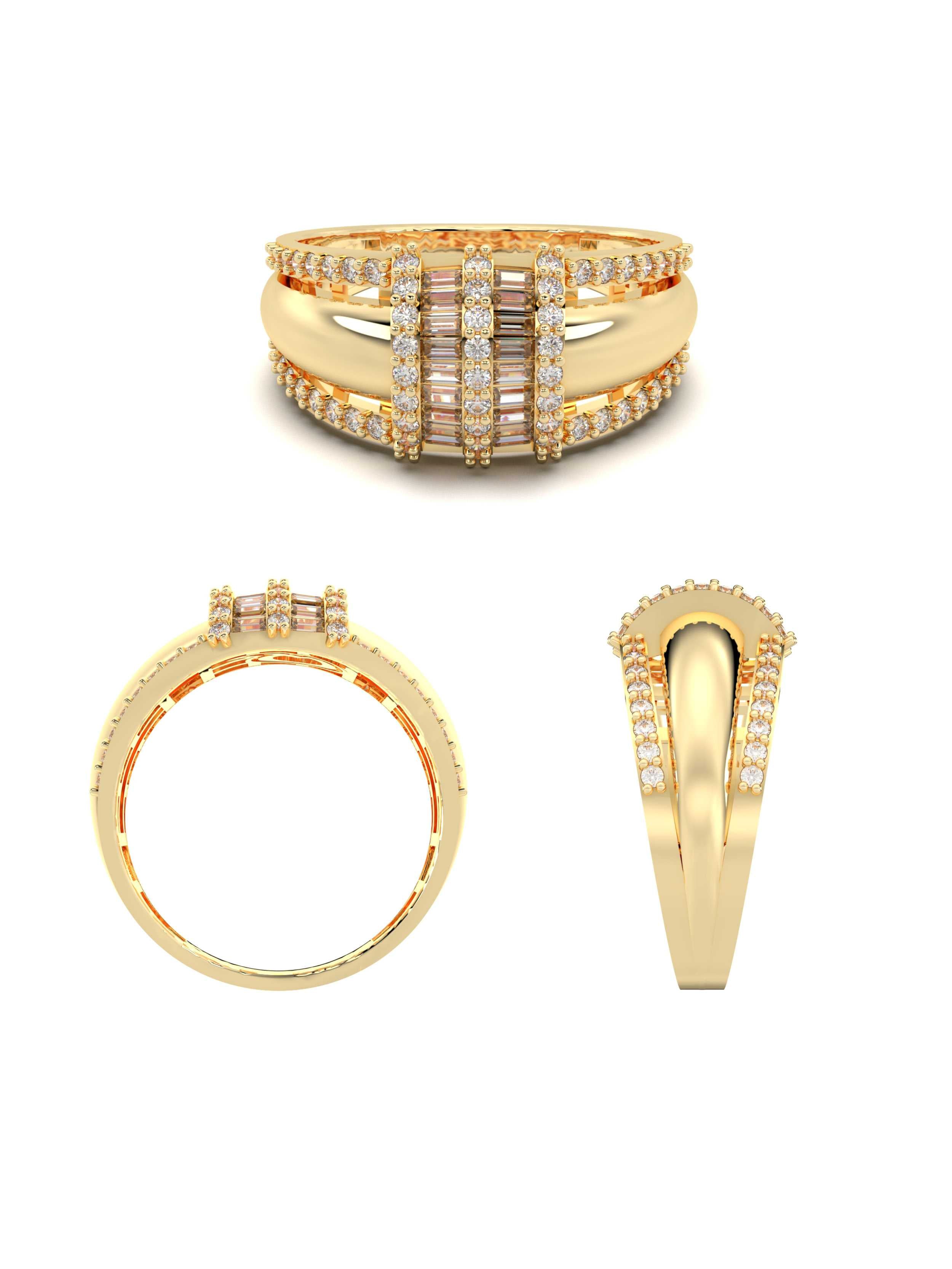 Baget ve Yuvarlak Taşlı Modern 14K Altın Yüzük - Elef Kuyumculuk