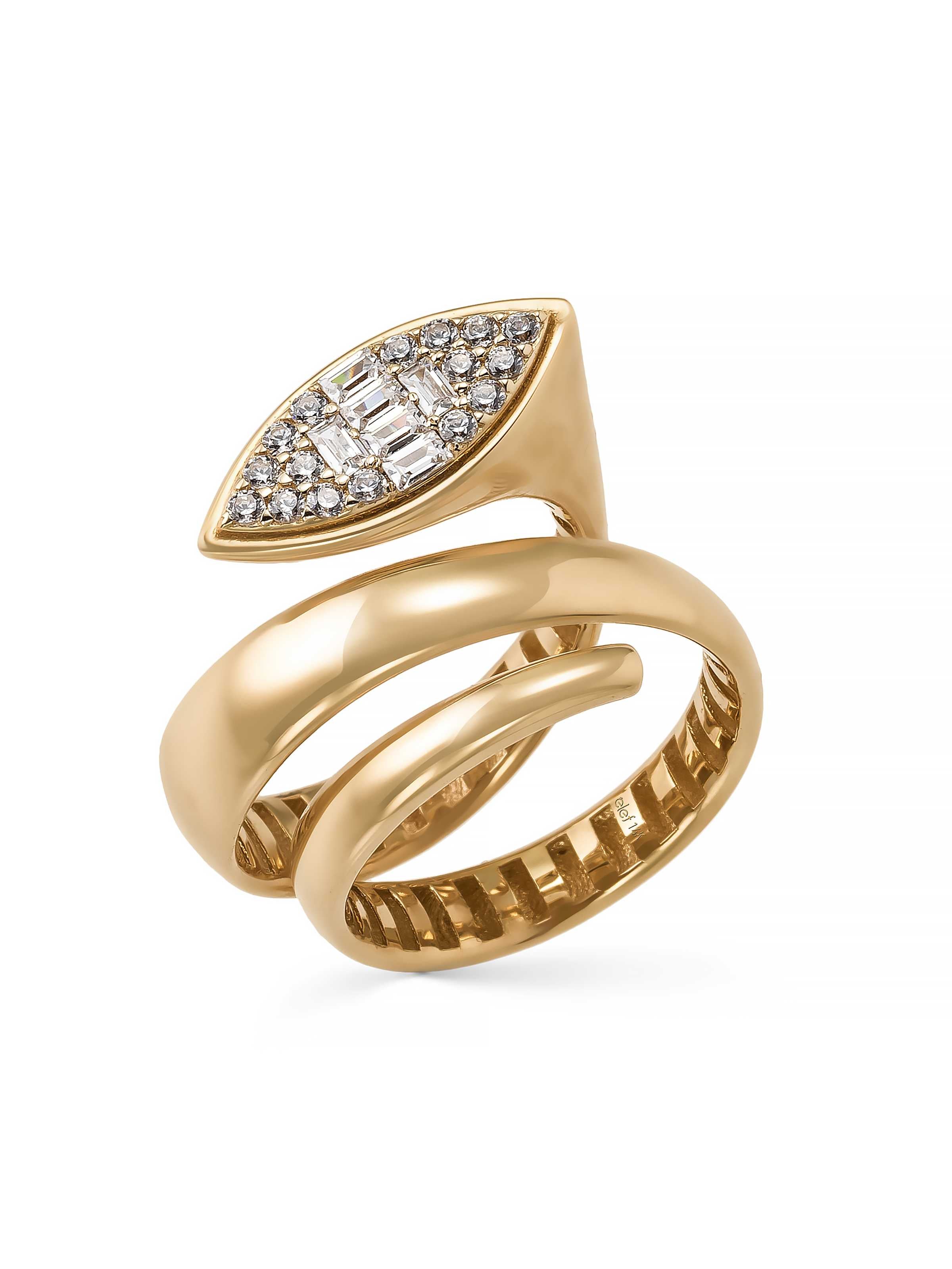 Baget ve Yuvarlak Taşlı Modern Spiral 14K Altın Yüzük - Elef Kuyumculuk