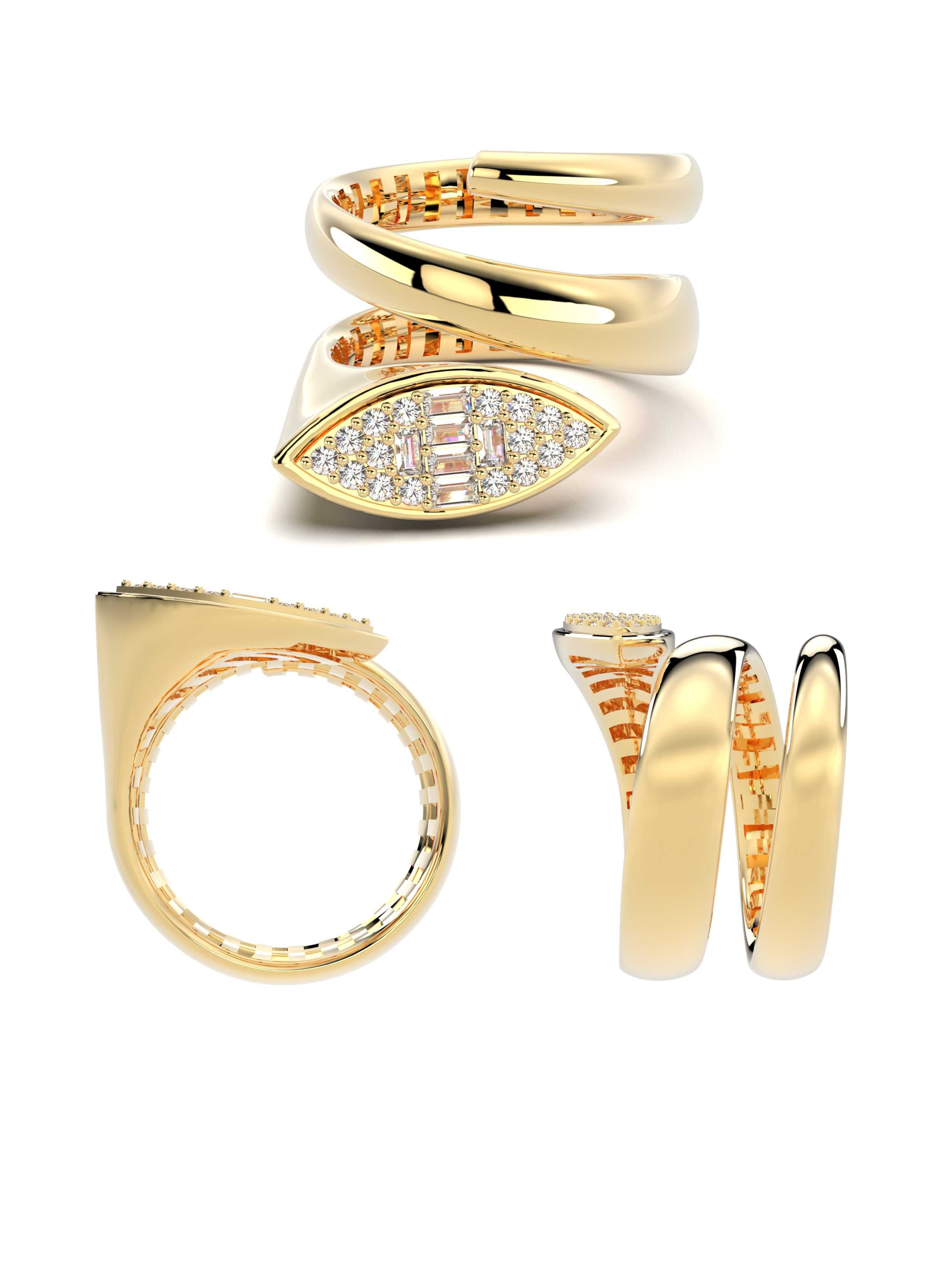 Baget ve Yuvarlak Taşlı Modern Spiral 14K Altın Yüzük - Elef Kuyumculuk