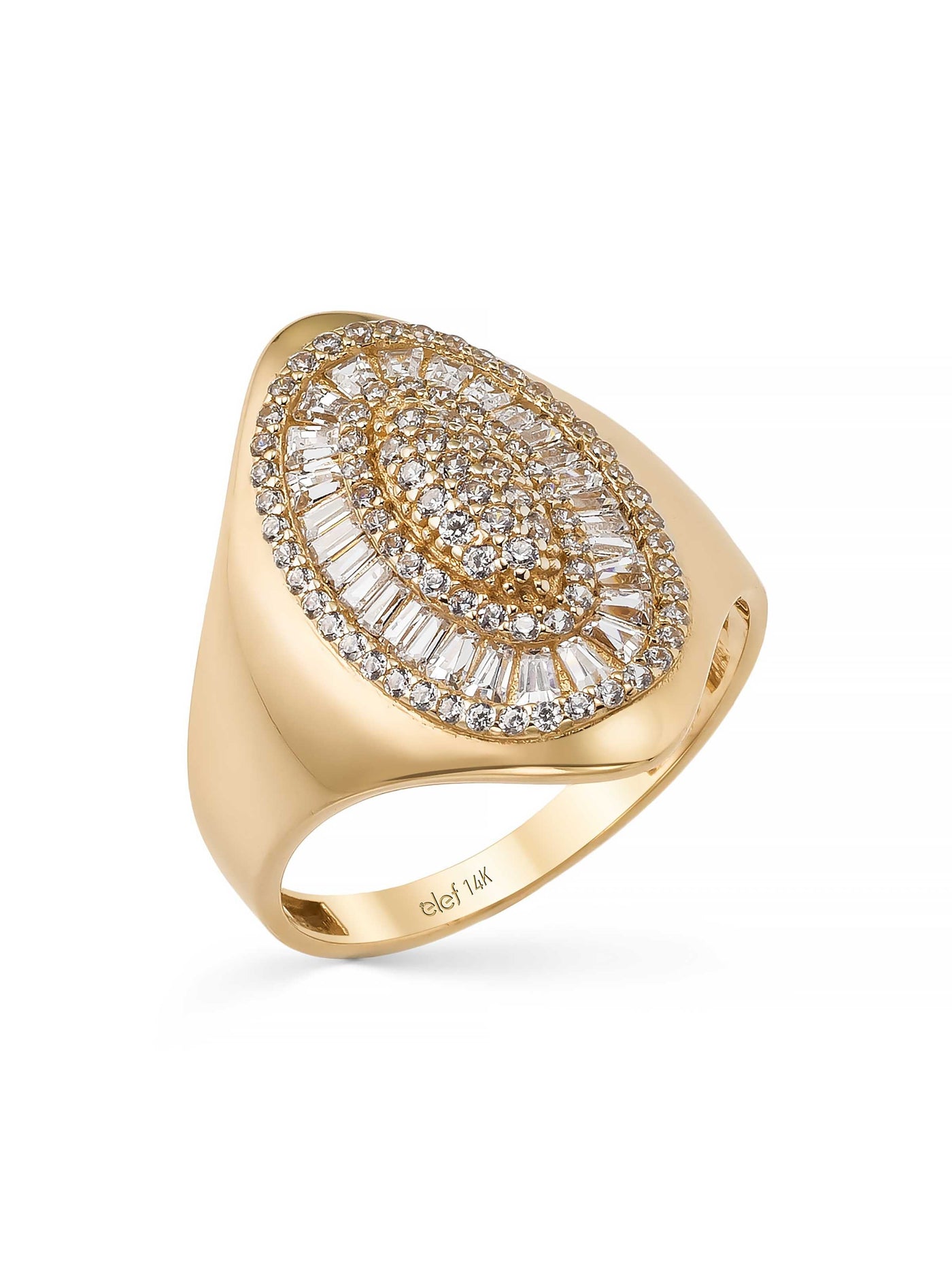 Baget ve Yuvarlak Taşlı Oval Formlu 14K Altın Yüzük - Elef Kuyumculuk
