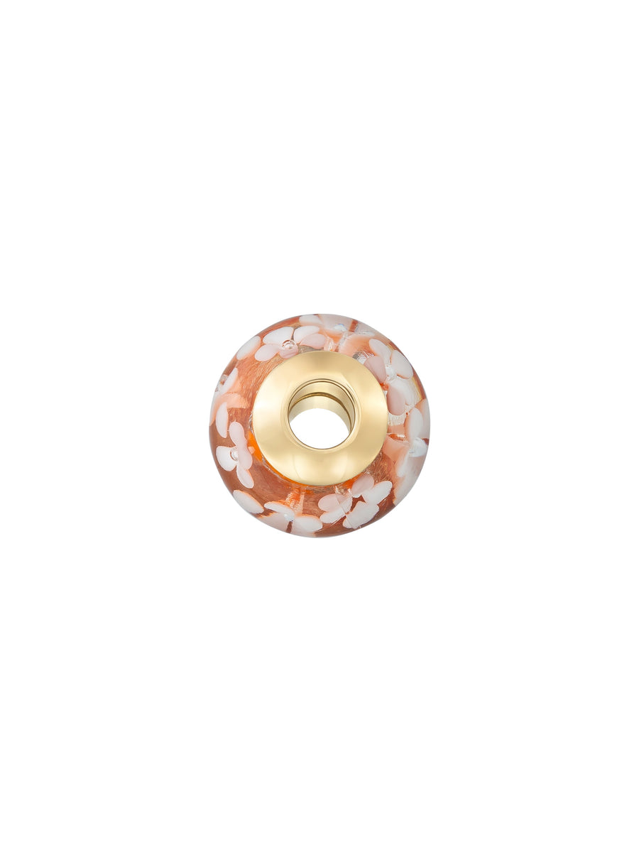 Beyaz Çiçek Figürlü Turuncu 14K Altın Murano Cam Charm