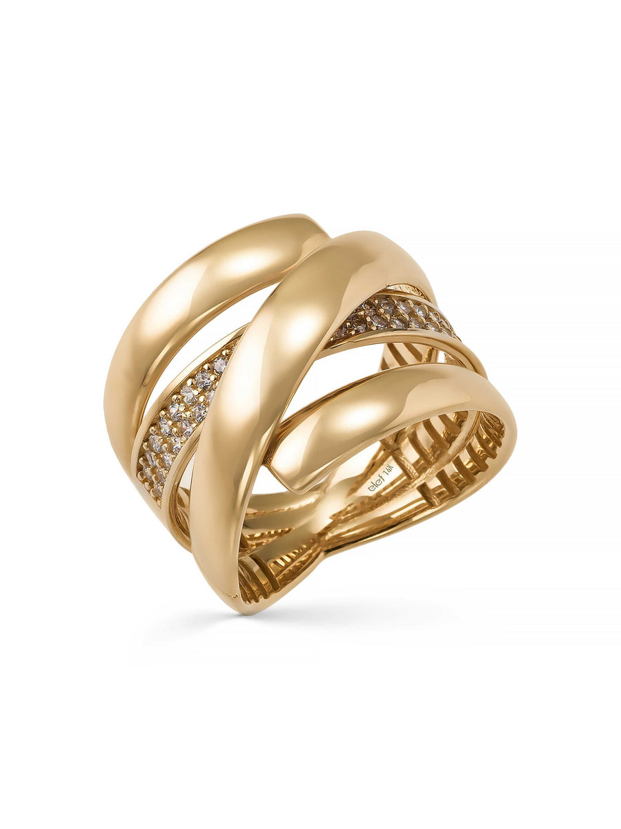 Çapraz Bantlı Işıltılı 14K Altın Yüzük