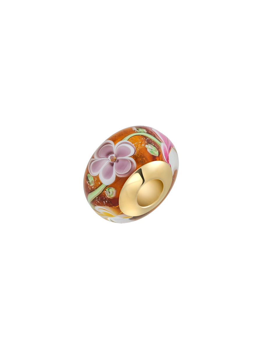 Çiçek Figürlü Amber Tonlu 14K Altın Murano Cam Charm