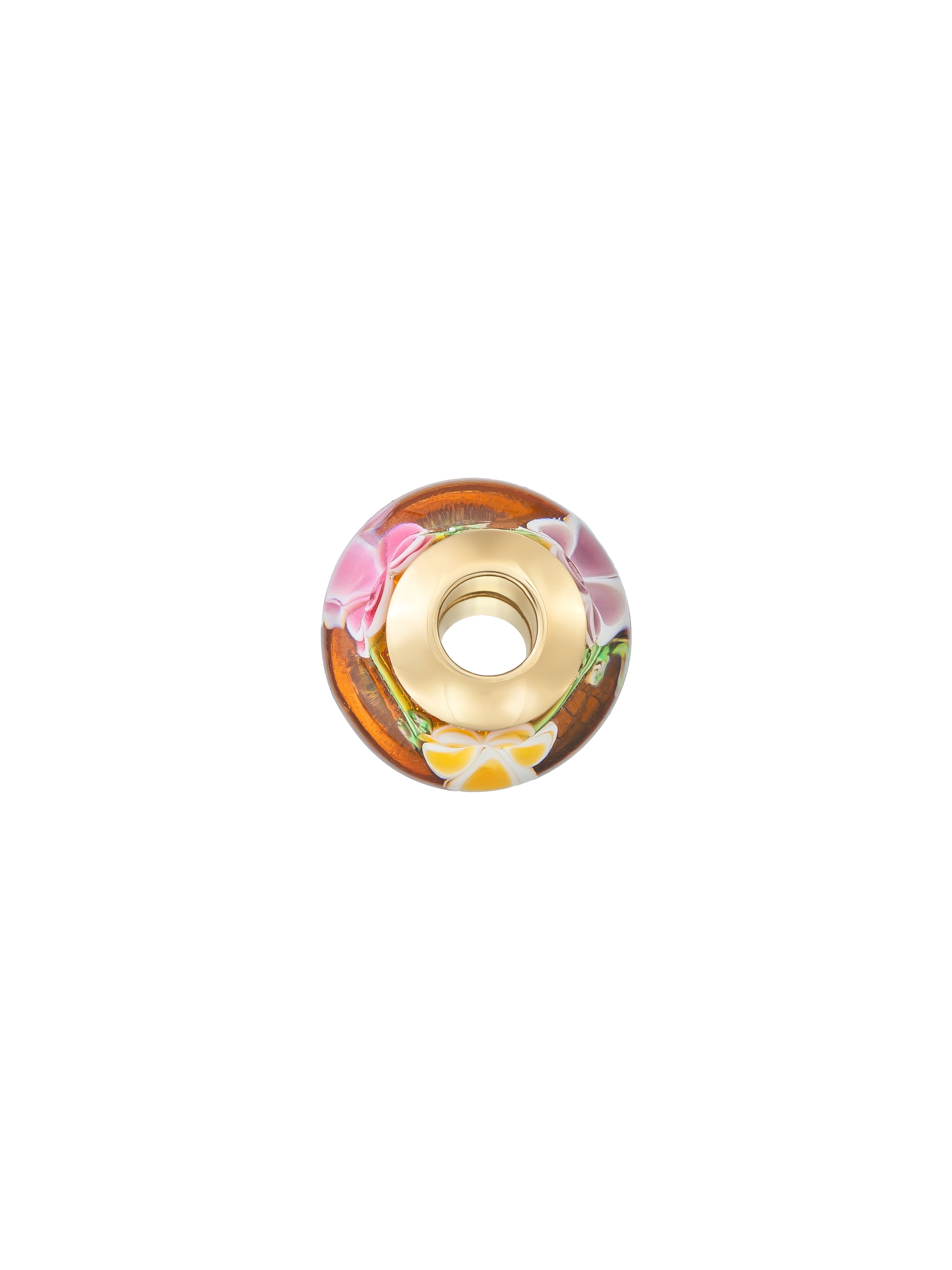 Çiçek Figürlü Amber Tonlu 14K Altın Murano Cam Charm - Elef Kuyumculuk