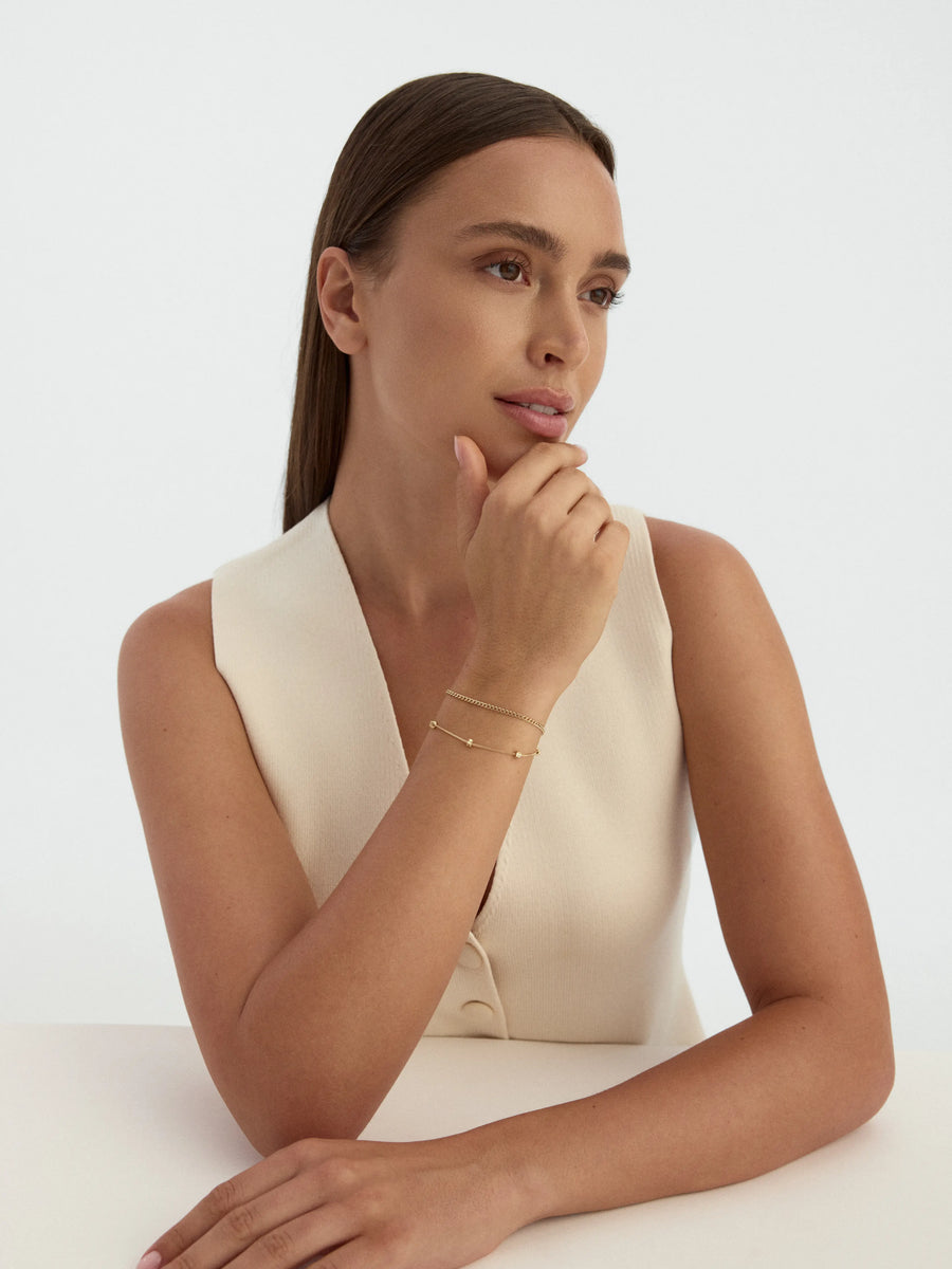 Çift Zincirli Küre Motifli 14K Altın Bileklik