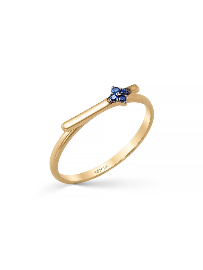 Geometrik Çubuk ve Safir Rengi Taşlı Minimal 14K Altın Yüzük