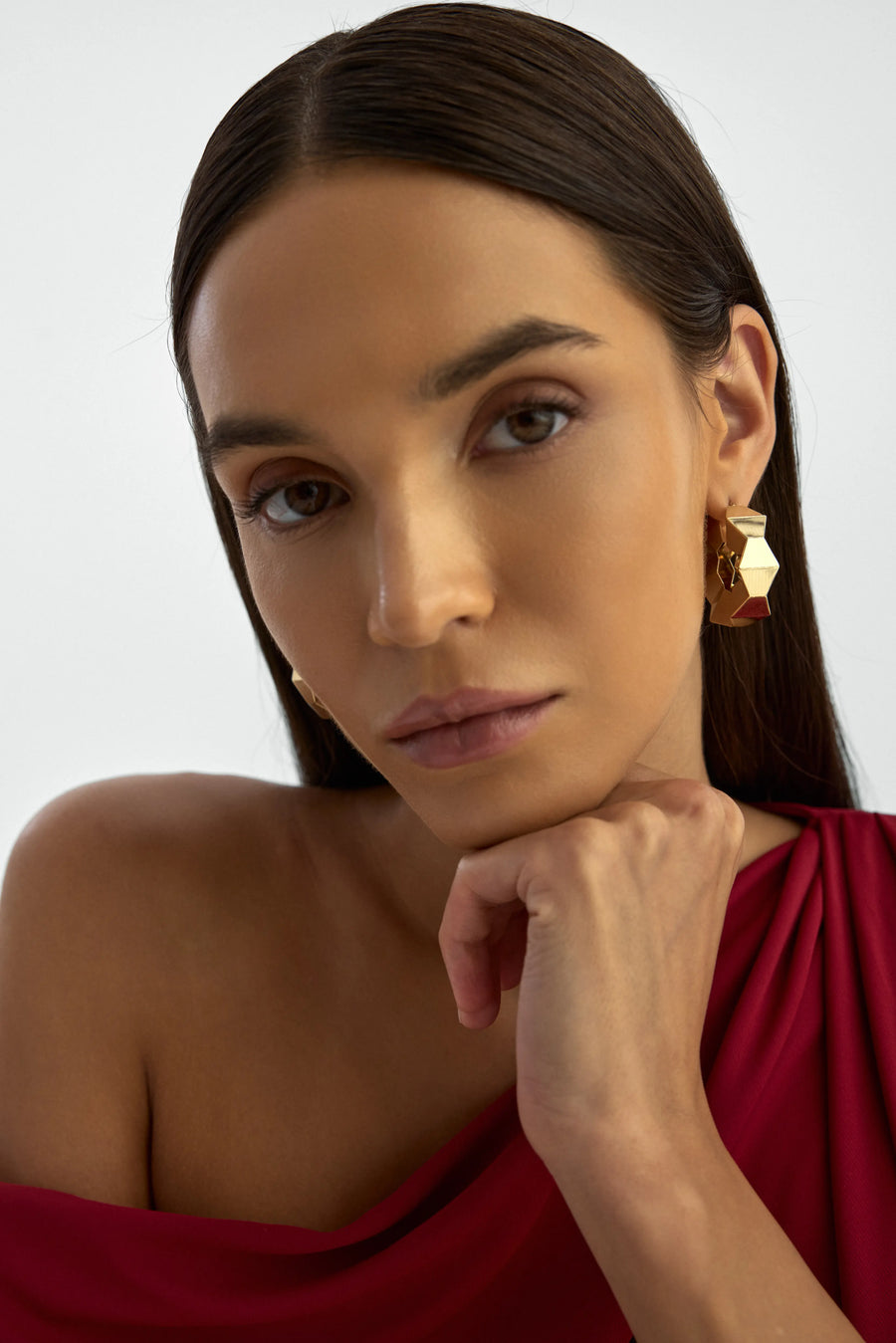 Geometrik Kesim Halka 14K Altın Küpe