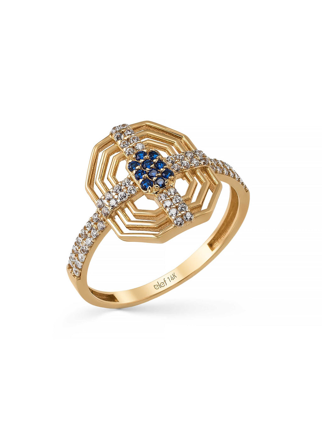 Geometrik Safir Rengi Efektli Modern 14K Altın Yüzük - Elef Kuyumculuk