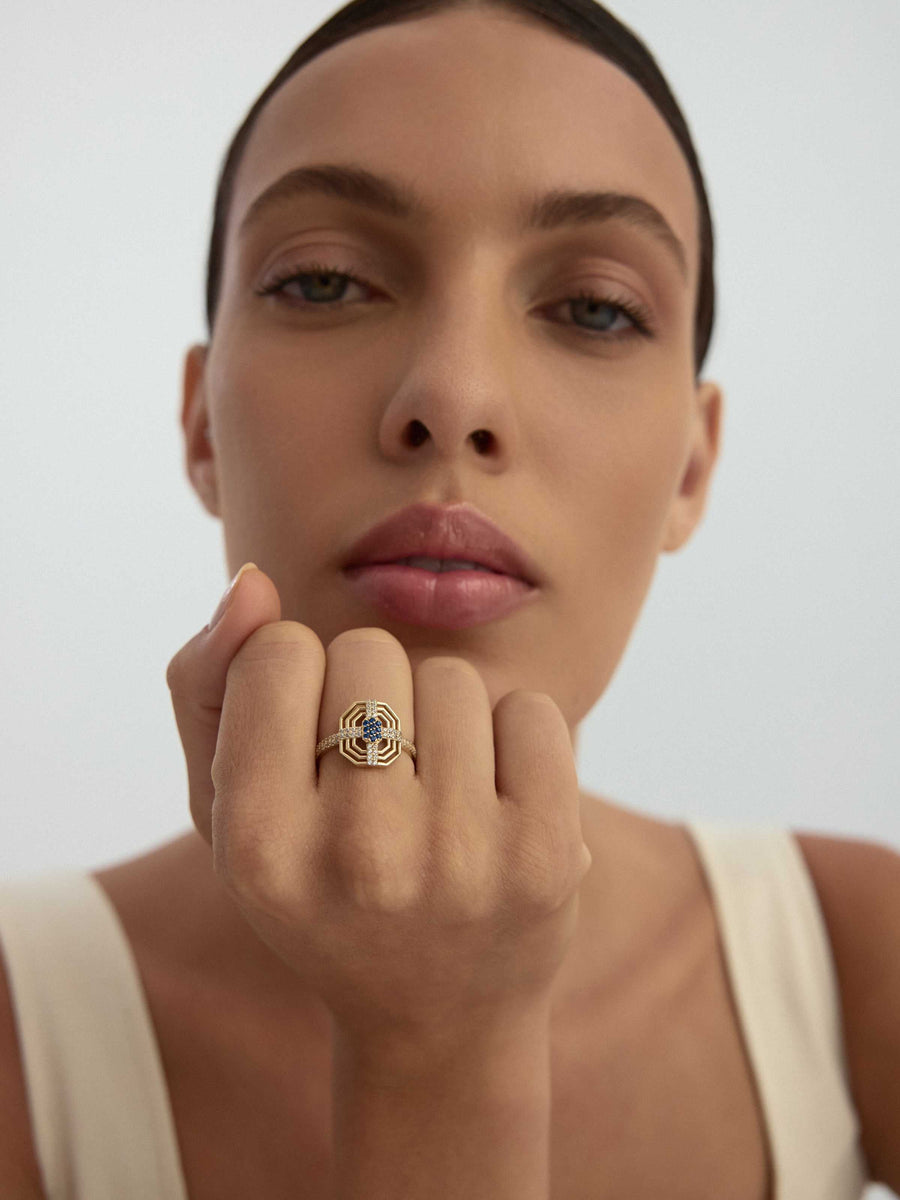 Geometrik Safir Rengi Efektli Modern 14K Altın Yüzük