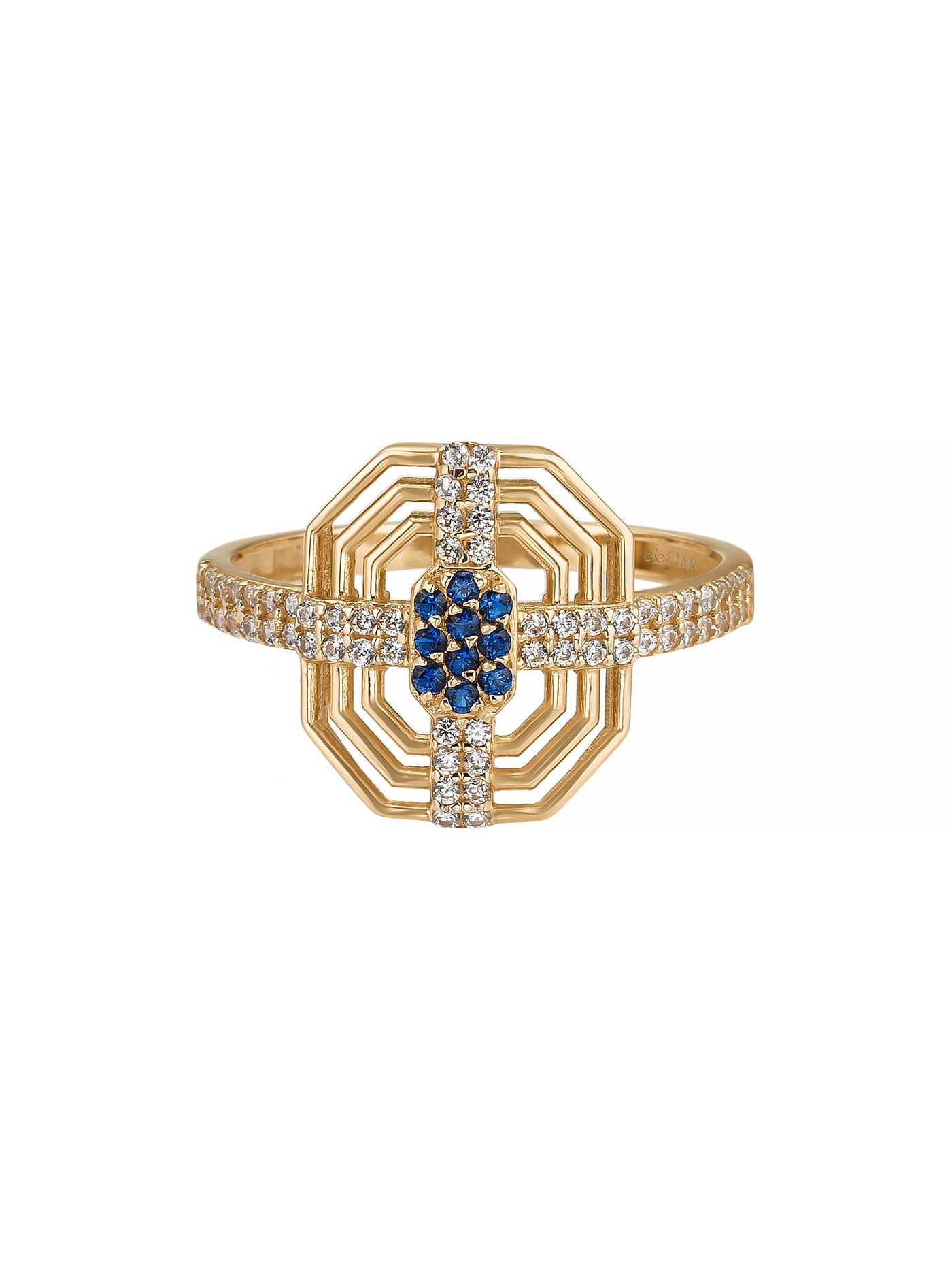 Geometrik Safir Rengi Efektli Modern 14K Altın Yüzük - Elef Kuyumculuk