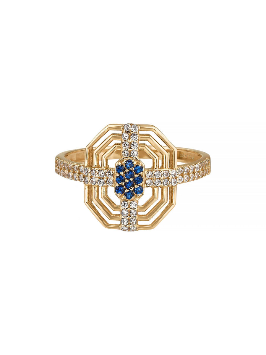 Geometrik Safir Rengi Efektli Modern 14K Altın Yüzük