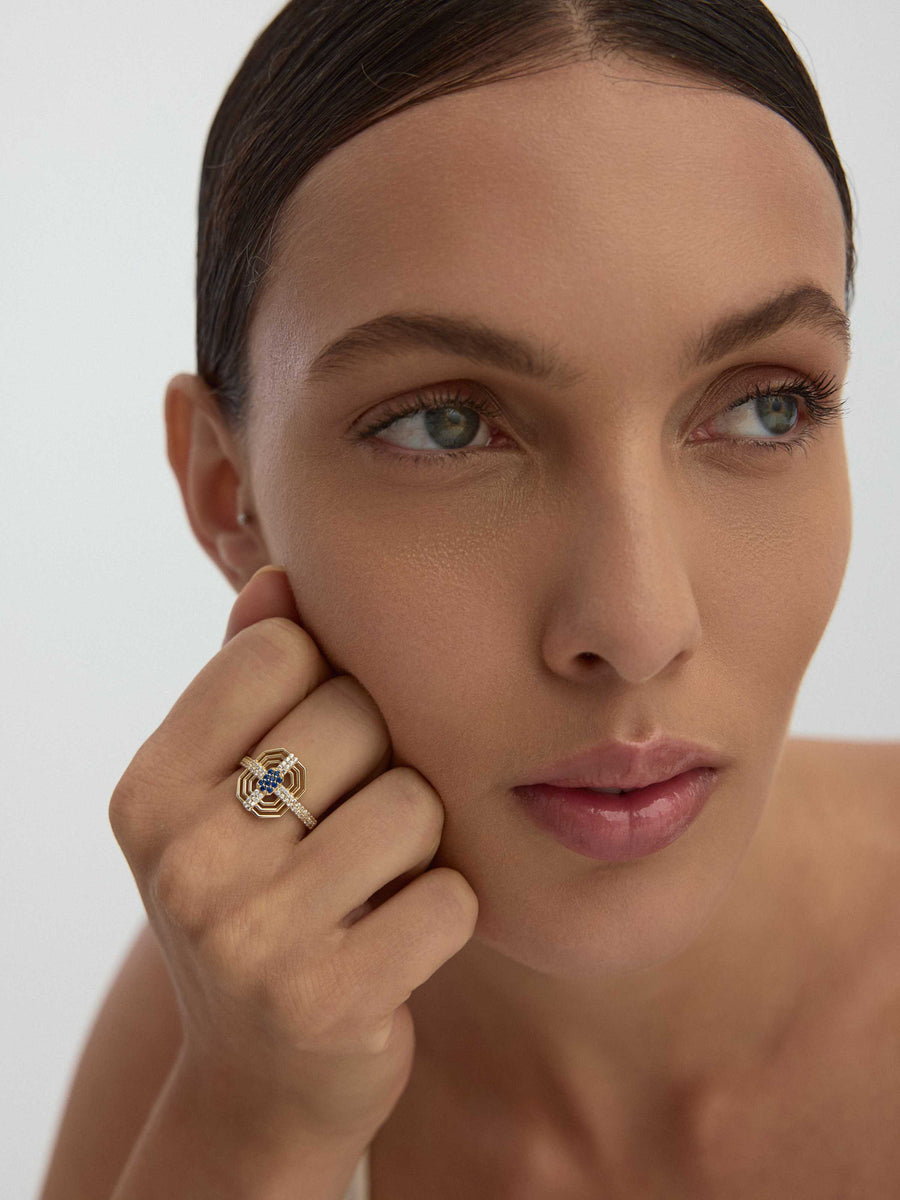 Geometrik Safir Rengi Efektli Modern 14K Altın Yüzük