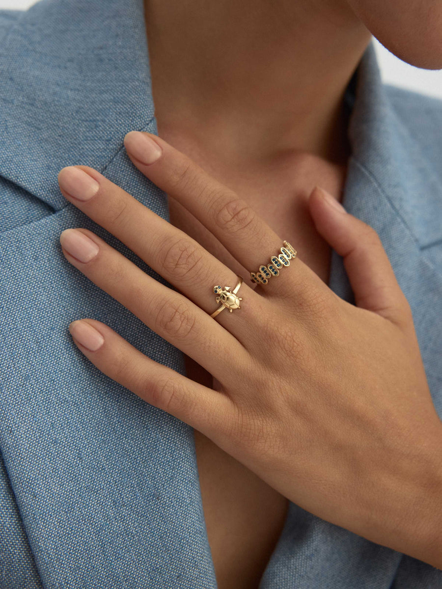 Geometrik Safir Rengi Taşlı Modern 14K Altın Yüzük