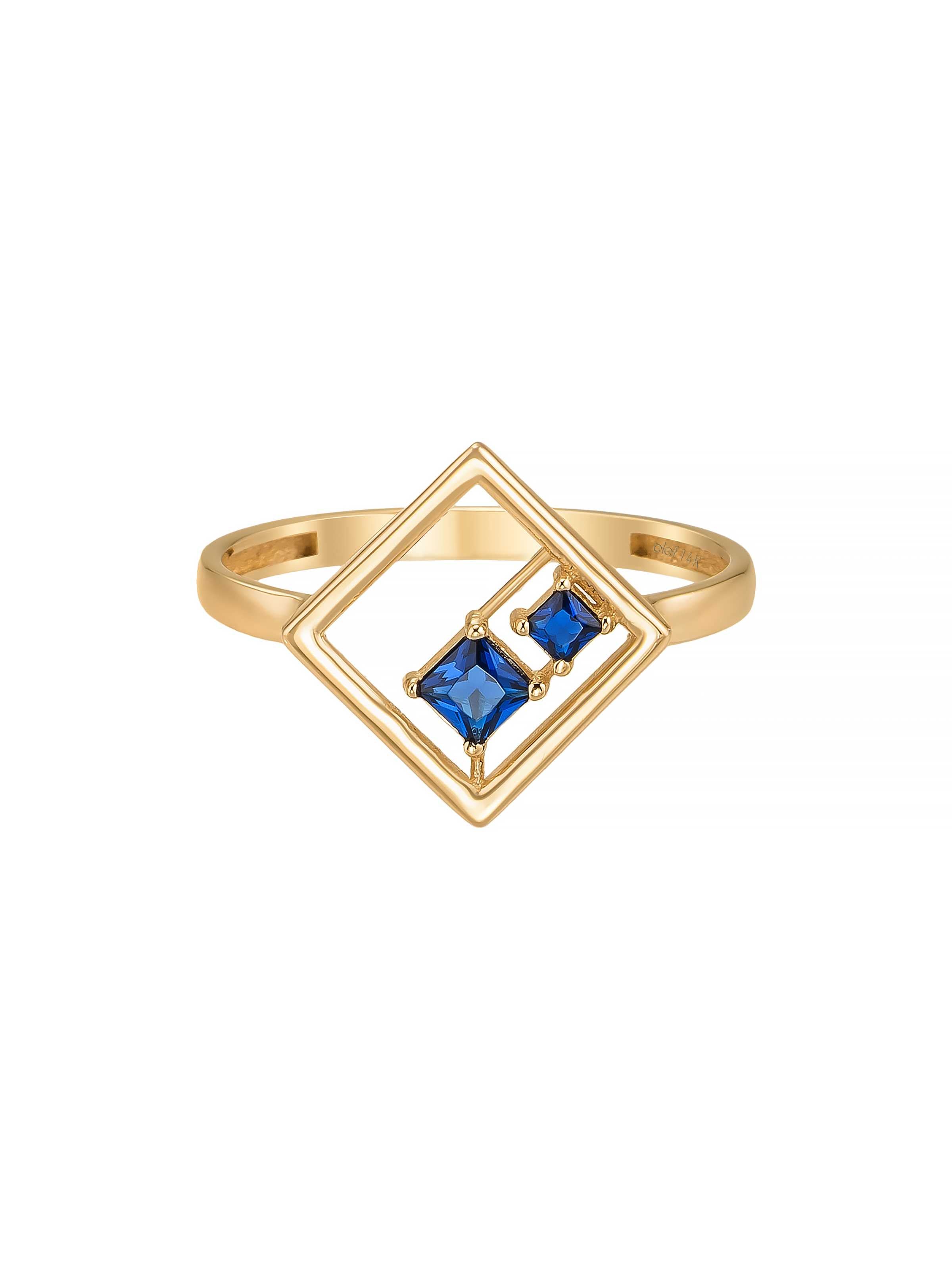 Geometrik Safir Rengi Taşlı Modern 14K Altın Yüzük - Elef Kuyumculuk