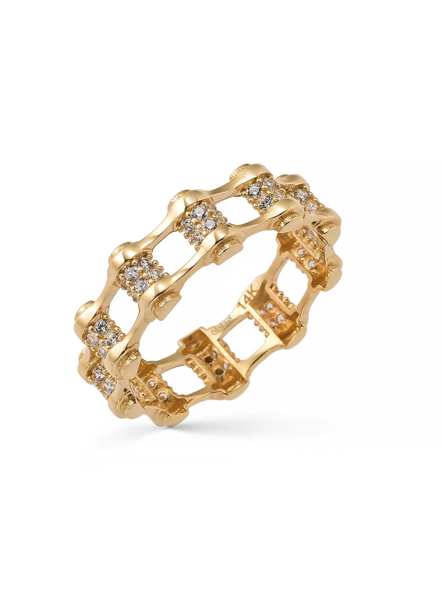 Geometrik Sıralı Taşlı Modern 14K Altın Yüzük