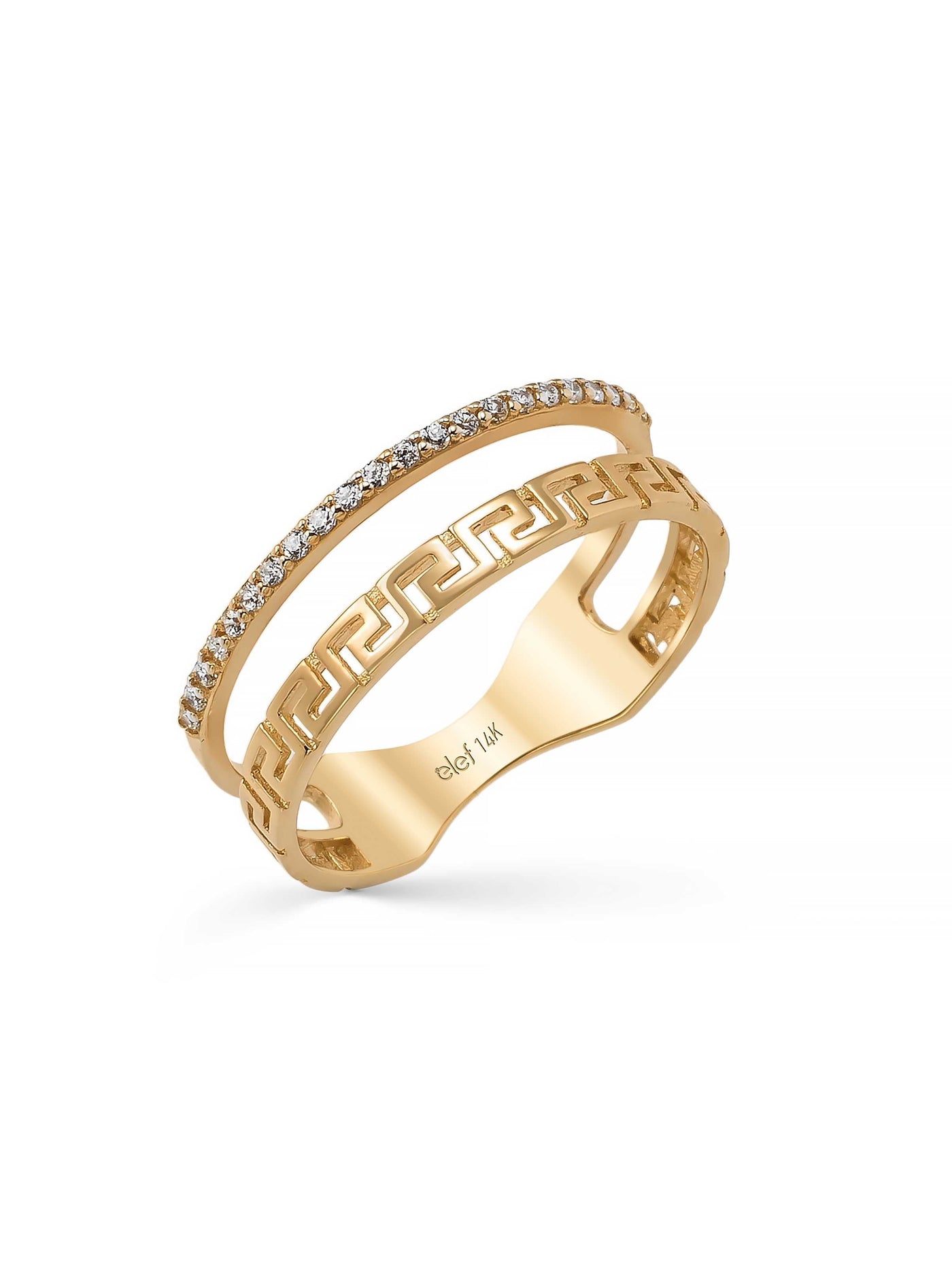 Greek Motif Sıralı Taşlı 14K Altın Yüzük - Elef Kuyumculuk
