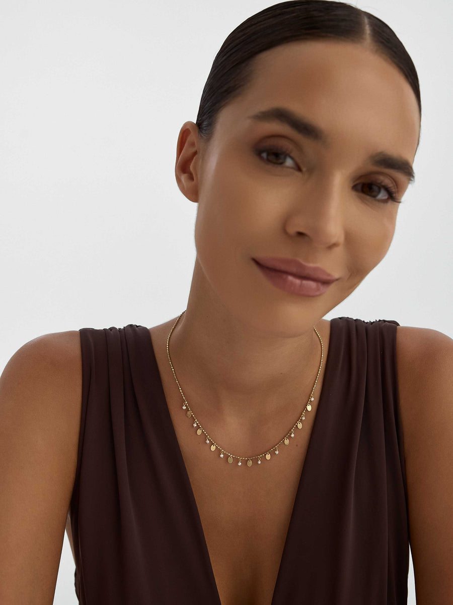 İnci, Dorika Toplu ve Sallantılı Pullu 14K Altın Kolye