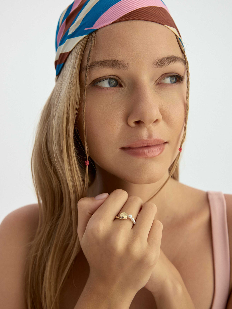 İnci ve Midye Formlu Modern 14K Altın Yüzük