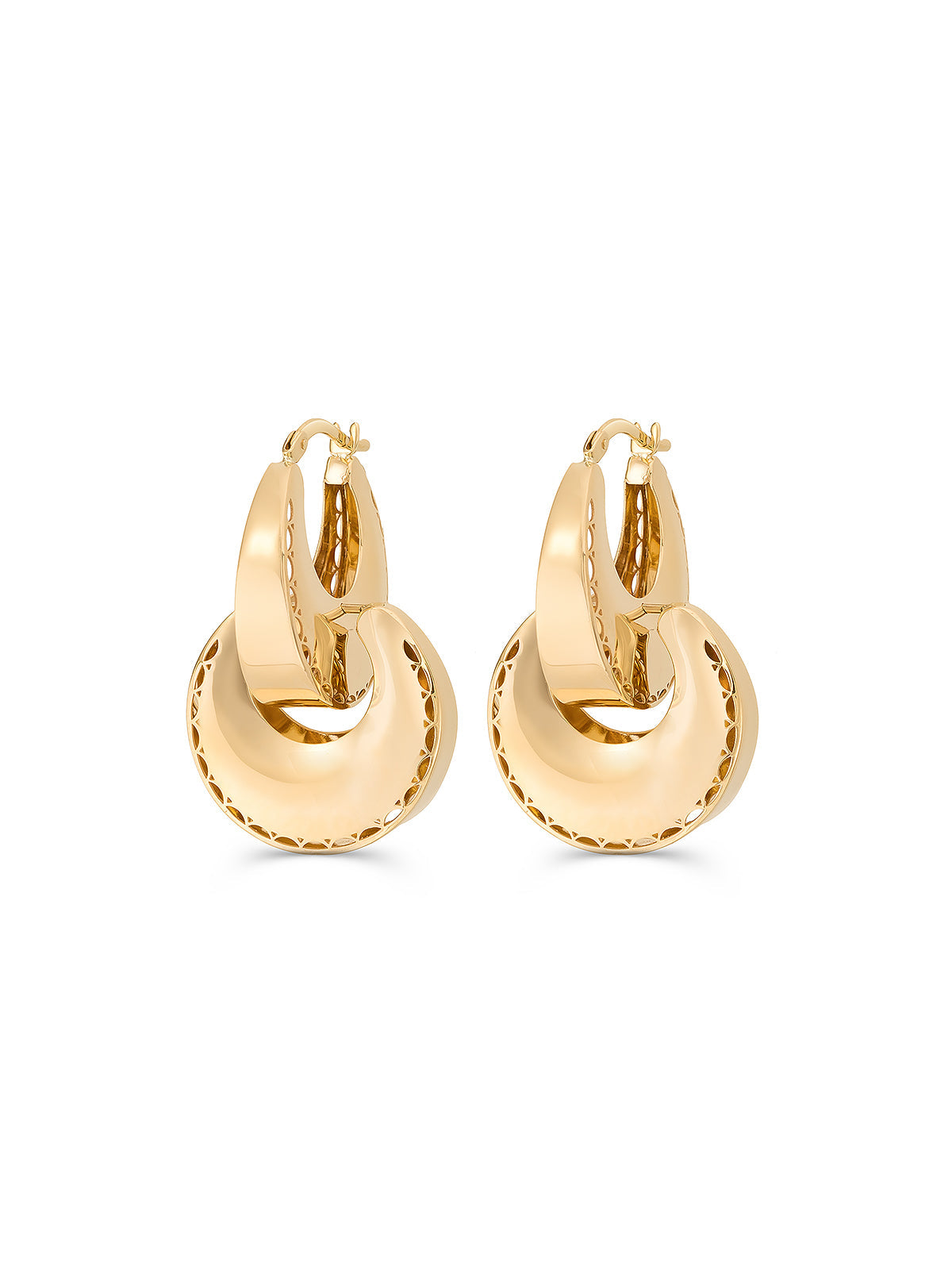 İtalyan Çift Halkalı Oyma Detaylı 14K Altın Küpe - Elef Kuyumculuk