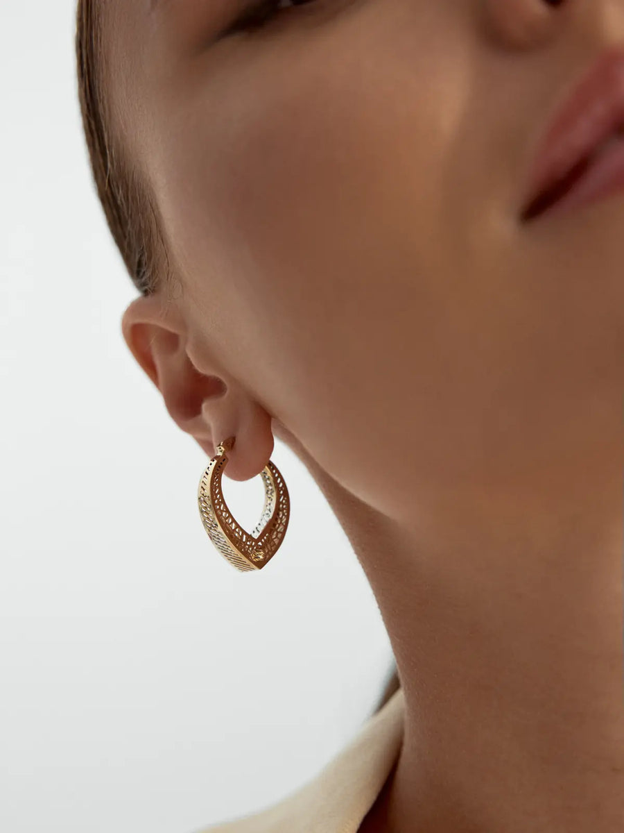 İtalyan Petek Dokulu Geometrik 14K Altın Küpe