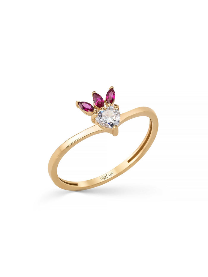 Kalp Kesim ve Yakut Rengi Taşlı Modern 14K Altın Yüzük