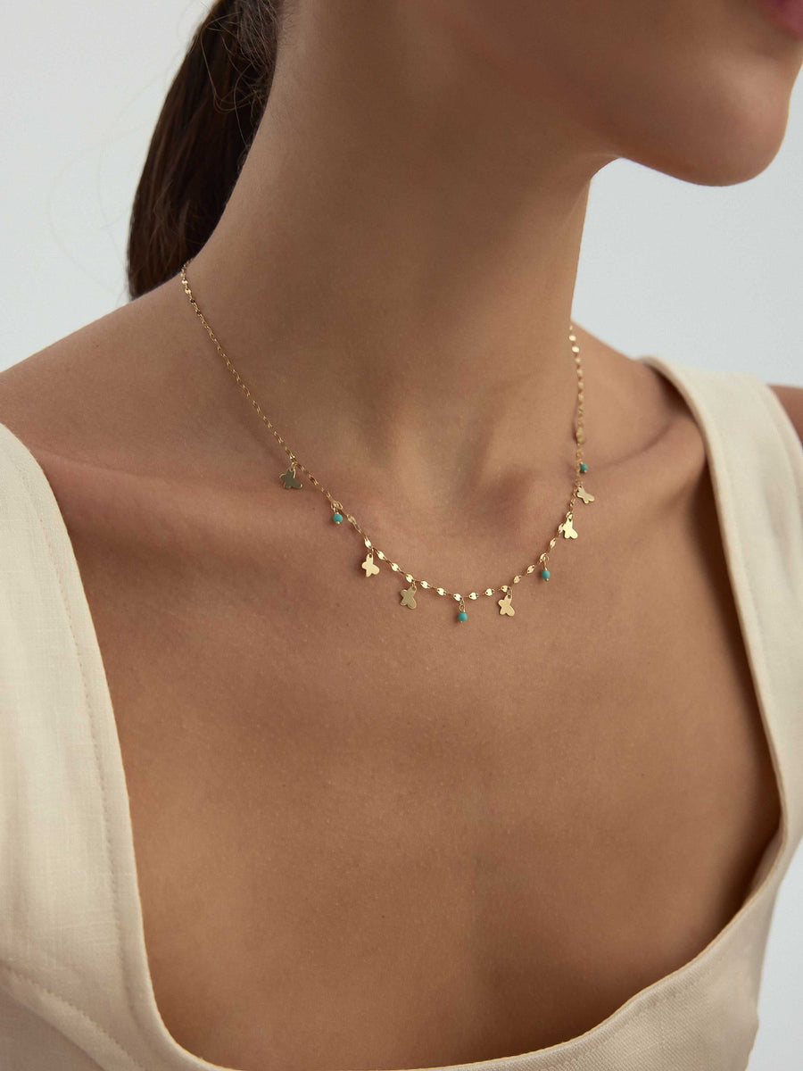 Kelebek Figürlü Firuze Taşı Detaylı 14K Altın Kolye