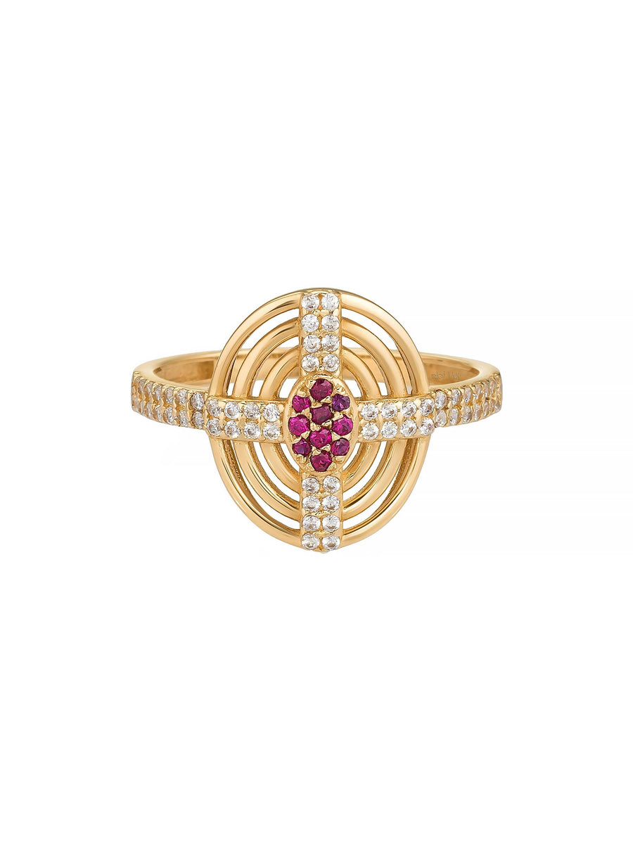 Kırmızı Taşlı Geometrik Motifli 14K Altın Yüzük