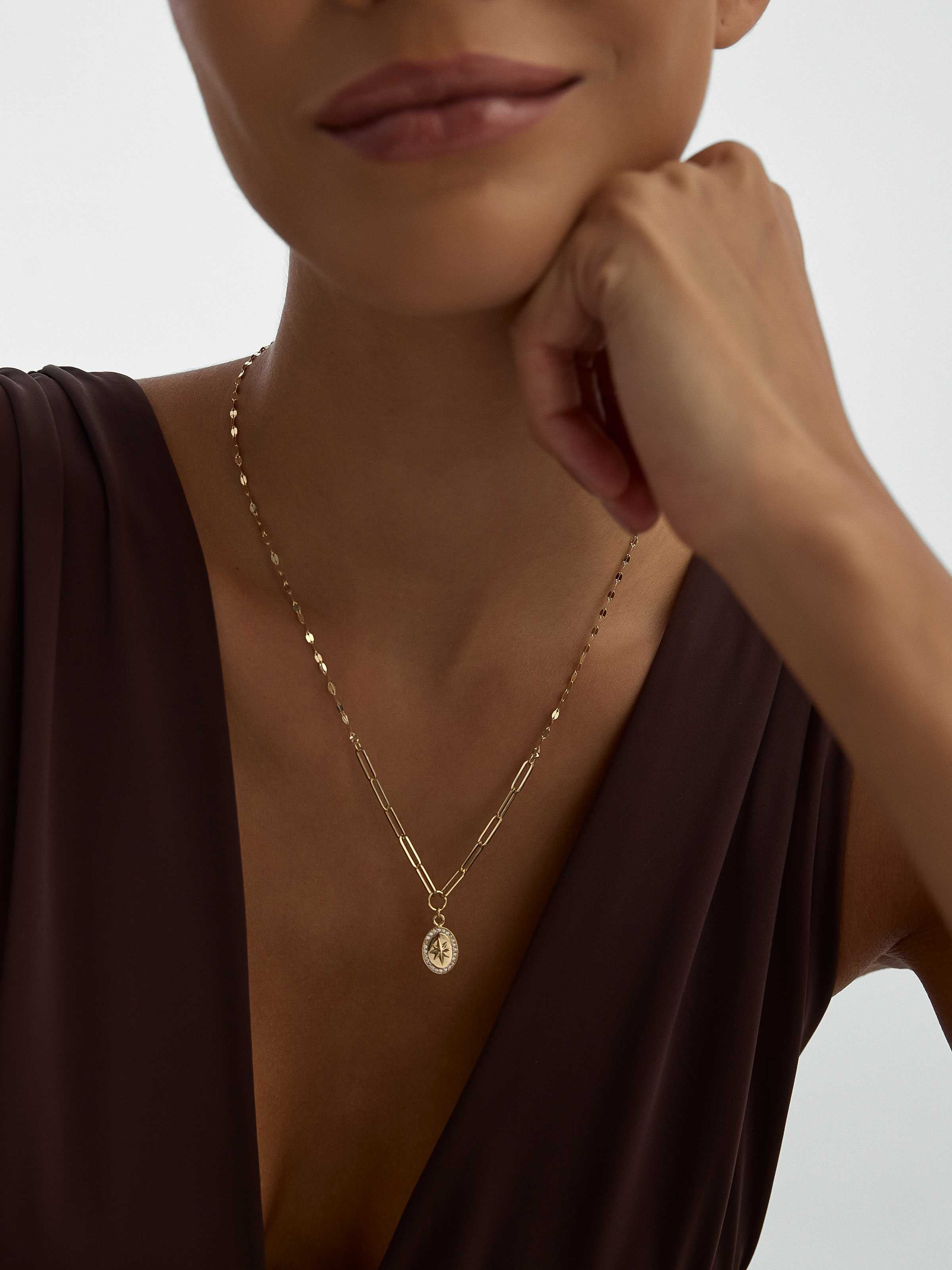 Kuzey Yıldızı Işıltılı Oval 14K Altın Kolye - Elef Kuyumculuk
