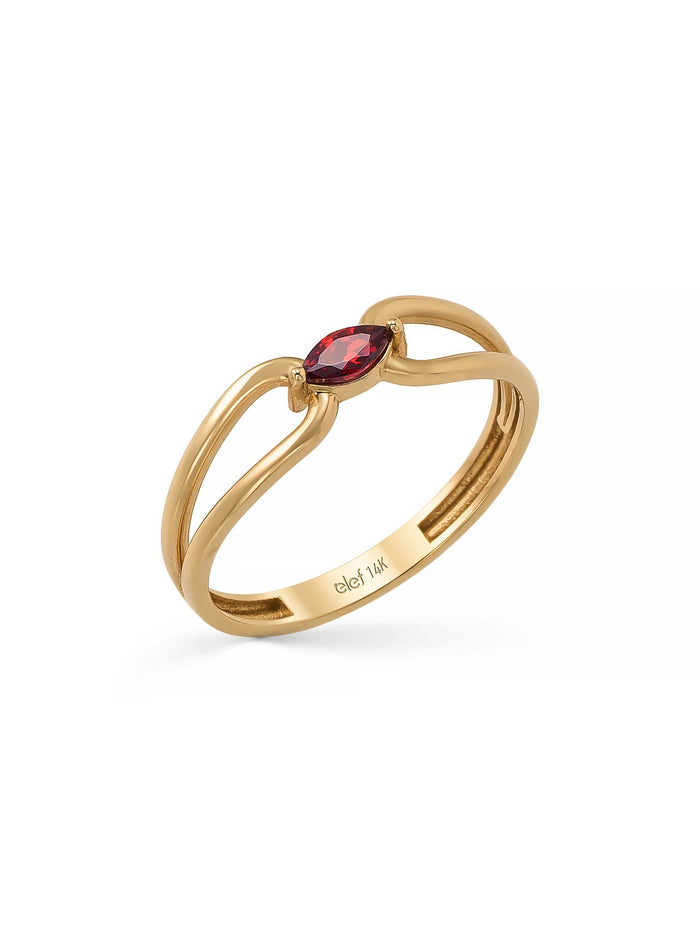 Markiz Kesim Kırmızı Taşlı Modern 14K Altın Yüzük