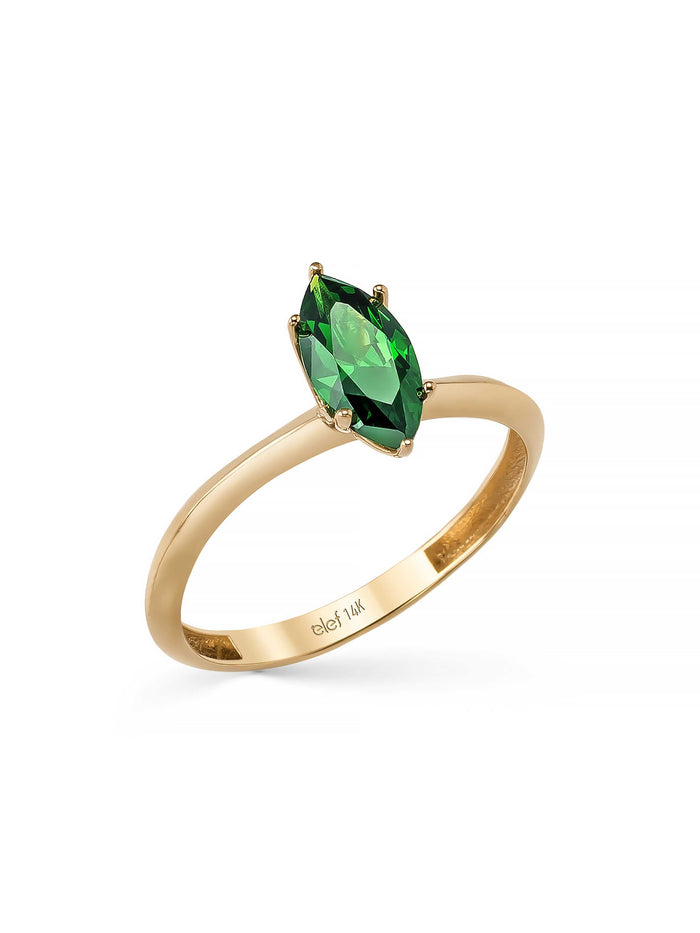 Markiz Kesim Yeşil Taşlı Minimal 14K Altın Yüzük