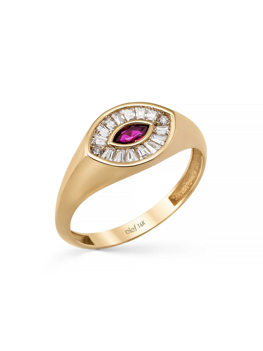 Marquise Garnet ve Baget Taşlı Modern 14K Altın Yüzük