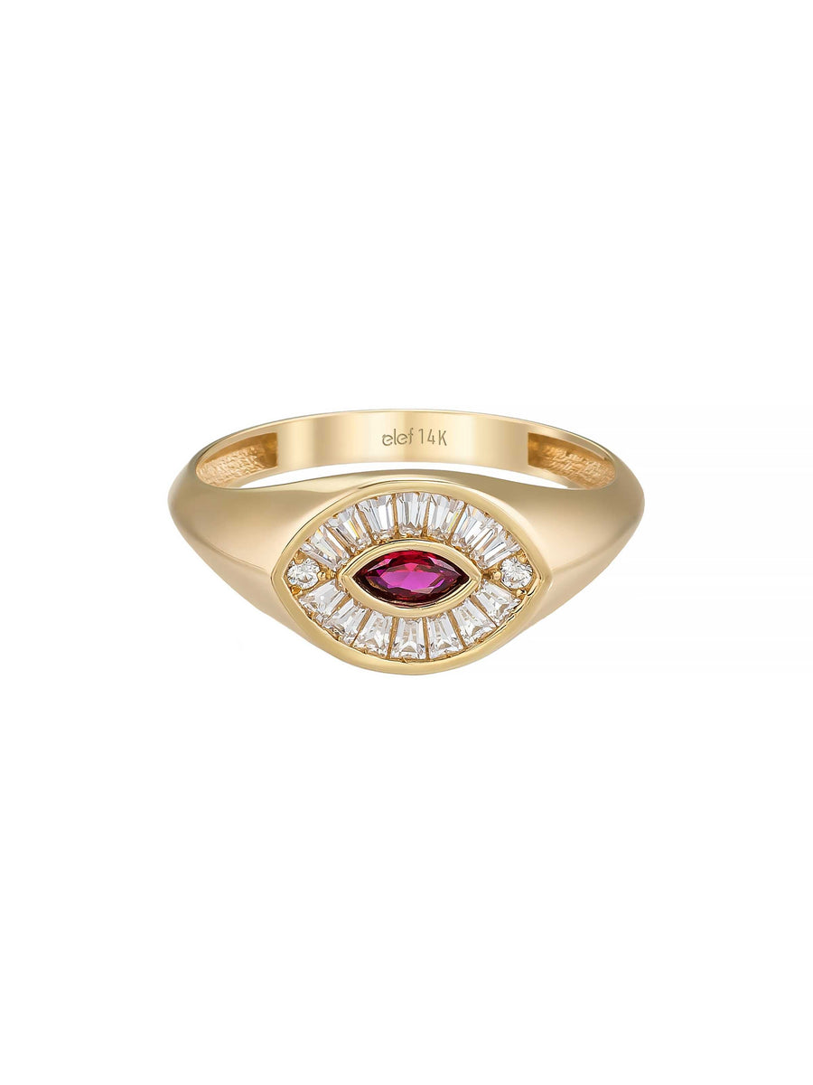 Marquise Garnet ve Baget Taşlı Modern 14K Altın Yüzük