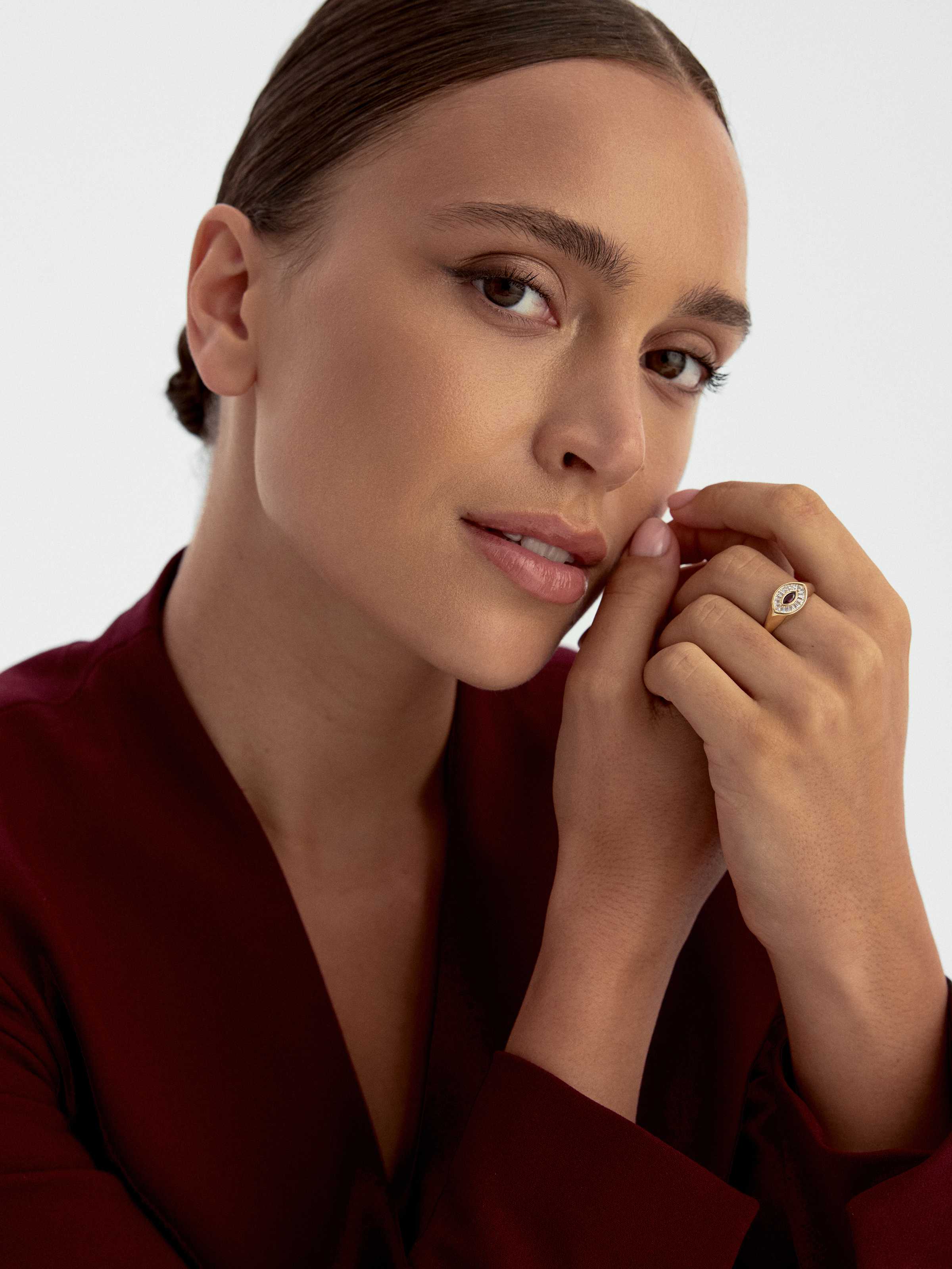 Marquise Garnet ve Baget Taşlı Modern 14K Altın Yüzük - Elef Kuyumculuk