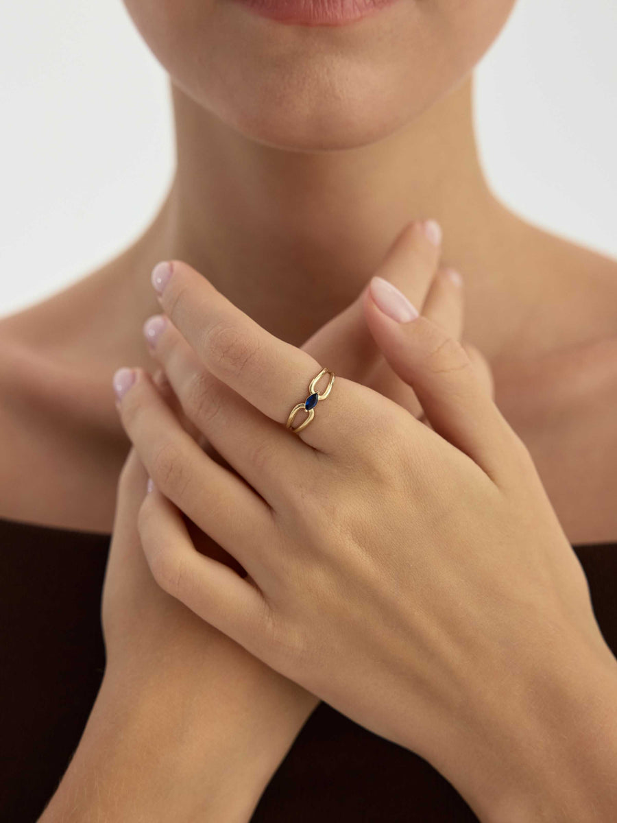 Marquise Safir Rengi Taşlı Modern 14K Altın Yüzük