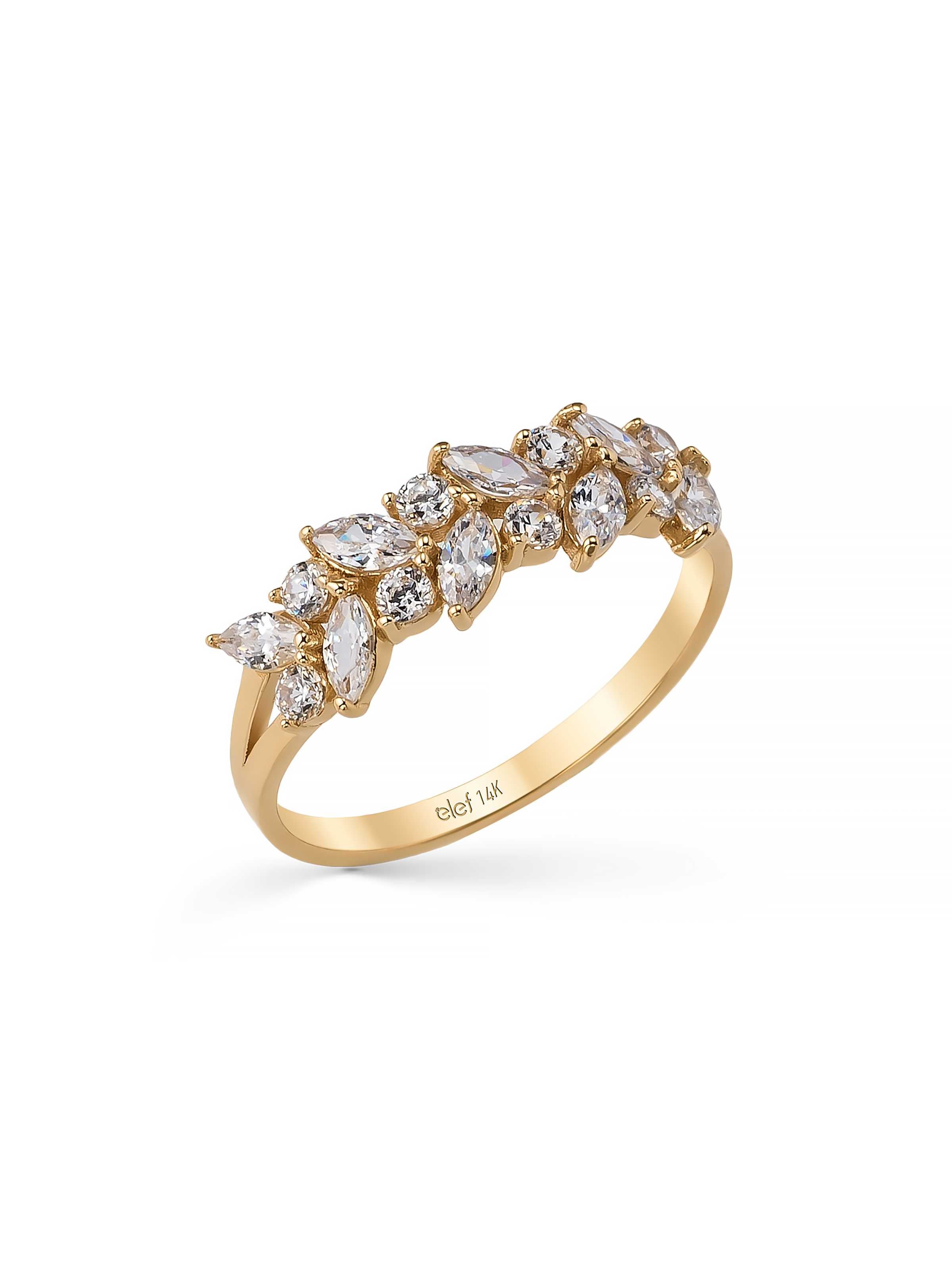Marquise ve Yuvarlak Taşlı Modern 14K Altın Yüzük - Elef Kuyumculuk