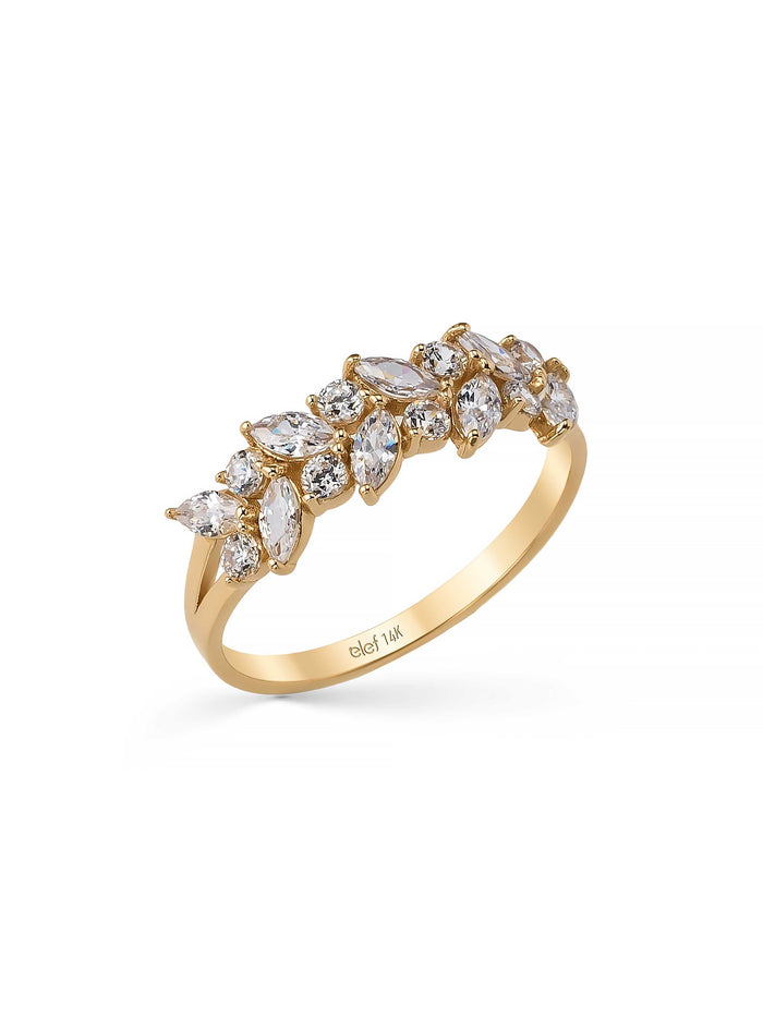 Marquise ve Yuvarlak Taşlı Modern 14K Altın Yüzük