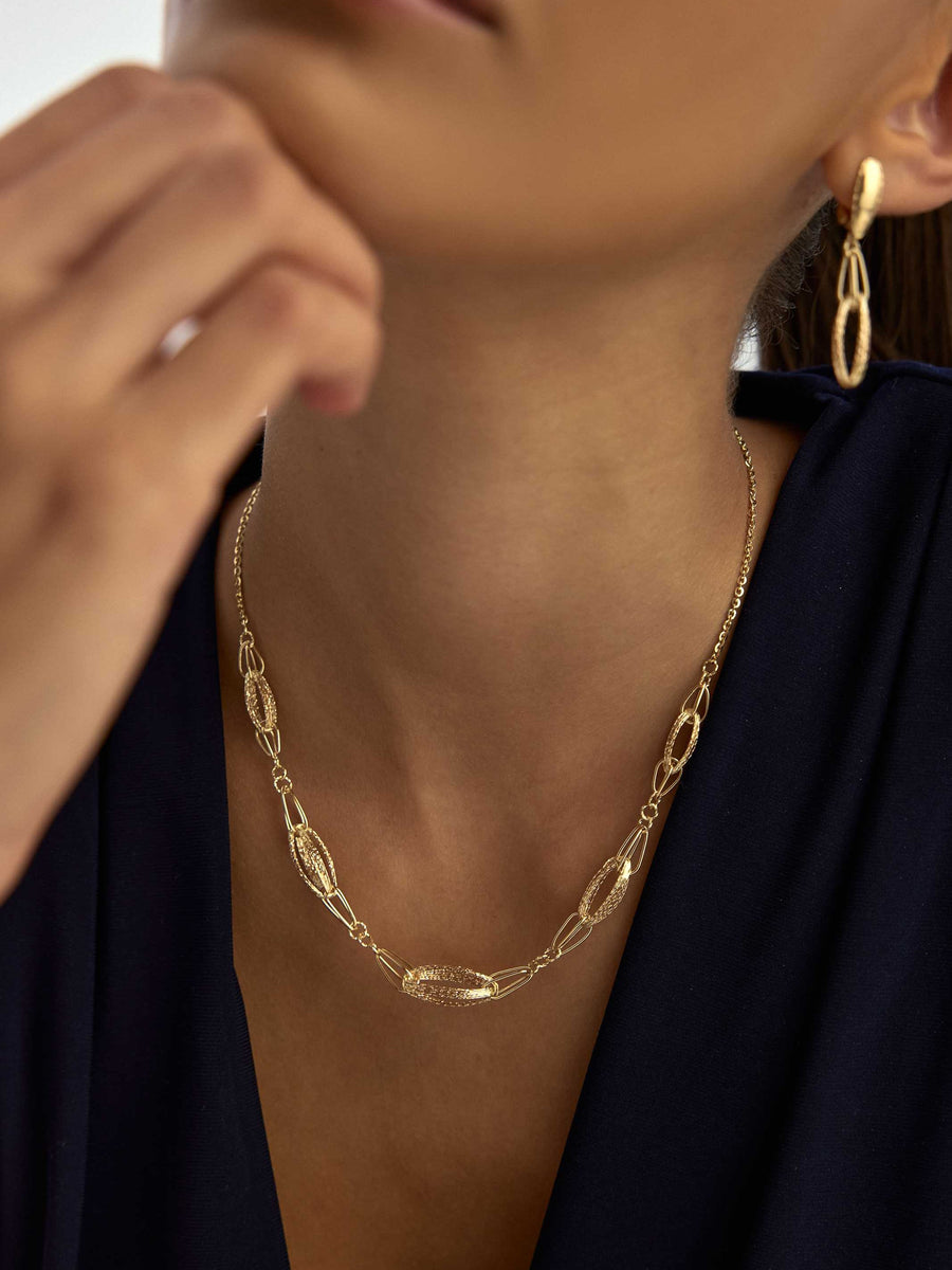 Örgü Dokulu Çift Oval Halkalı 14K Altın Kolye