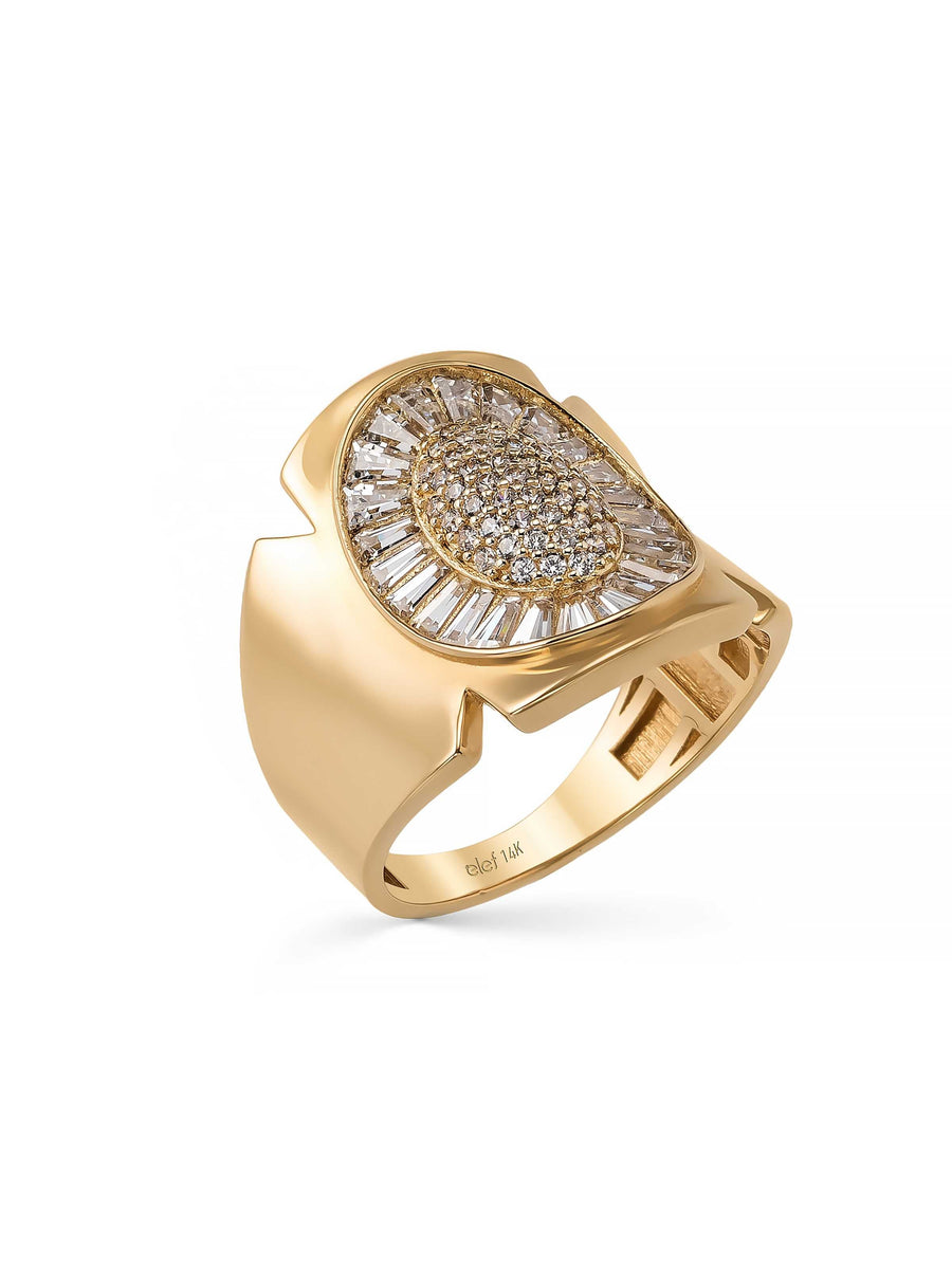 Oval Formlu Baget ve Yuvarlak Taşlı Modern 14K Altın Yüzük