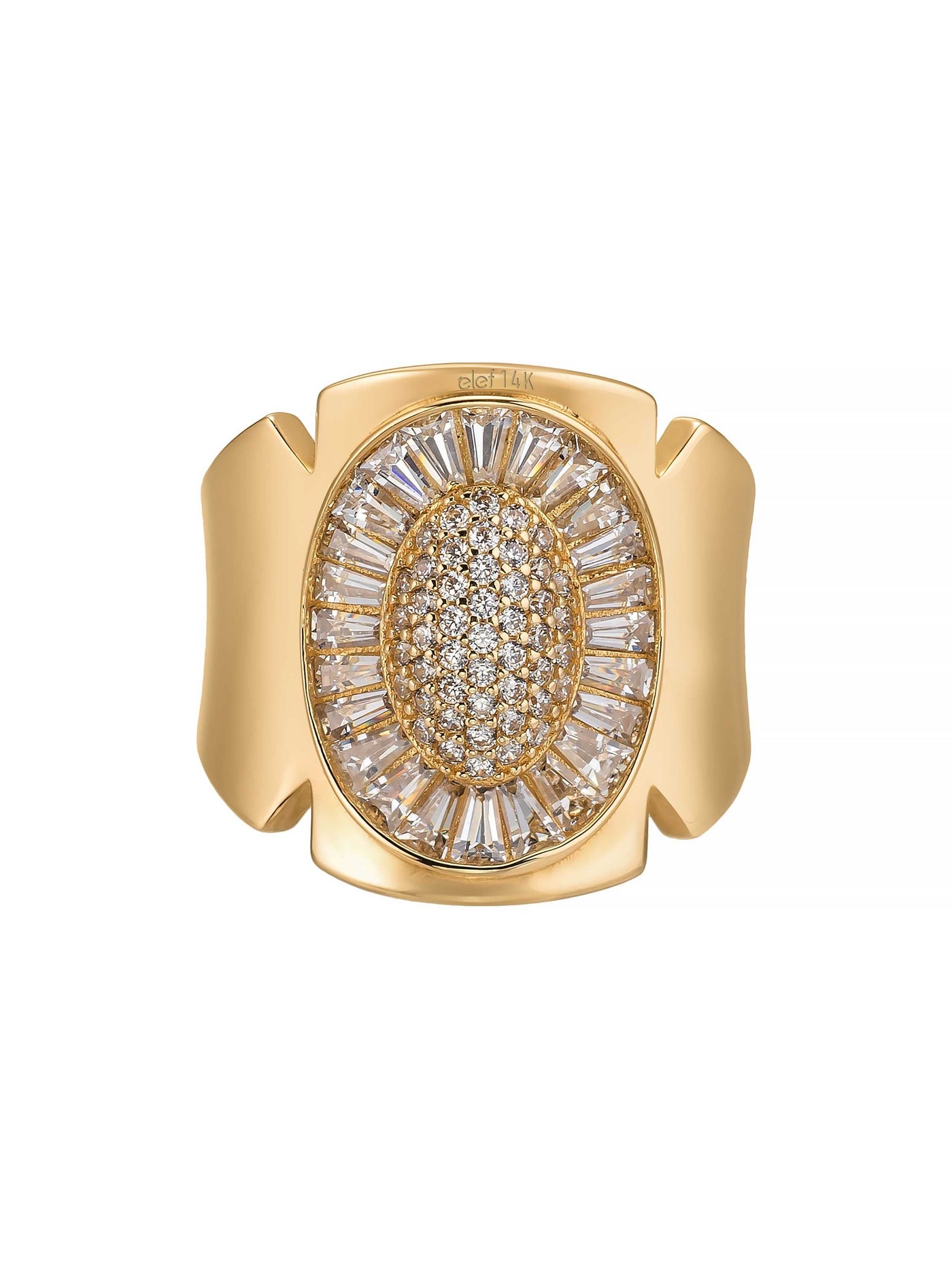 Oval Formlu Baget ve Yuvarlak Taşlı Modern 14K Altın Yüzük - Elef Kuyumculuk