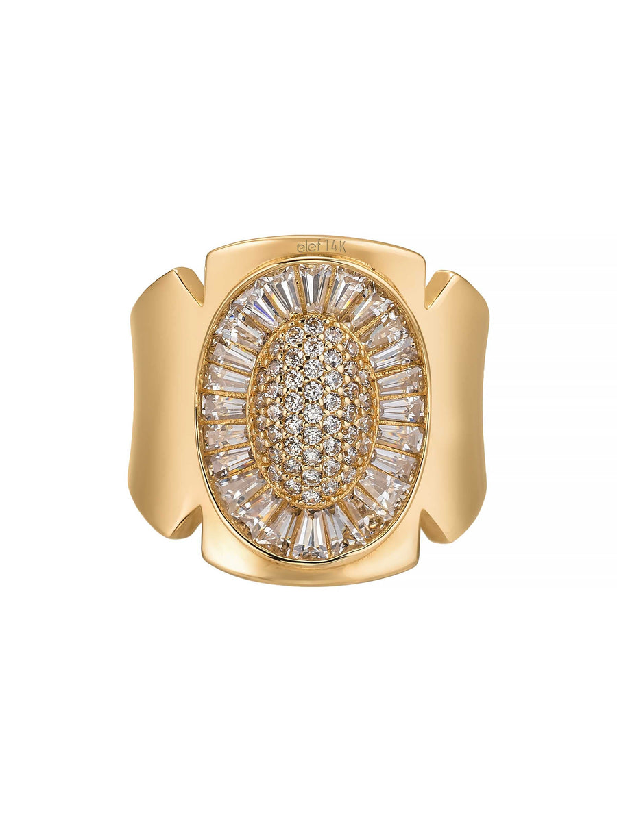 Oval Formlu Baget ve Yuvarlak Taşlı Modern 14K Altın Yüzük