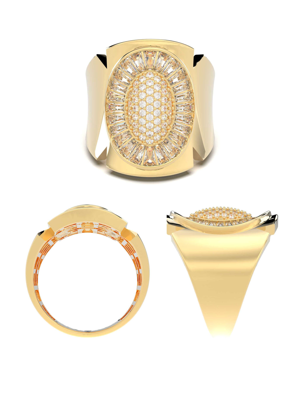 Oval Formlu Baget ve Yuvarlak Taşlı Modern 14K Altın Yüzük - Elef Kuyumculuk