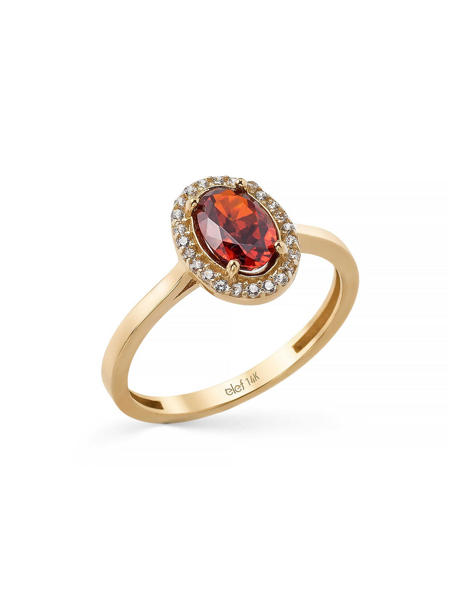 Oval Garnet Taşlı Halo 14K Altın Yüzük