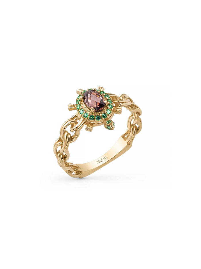 Oval Garnet ve Zümrüt Yeşili Taşlı Örgü Form Vintage 14K Altın Yüzük